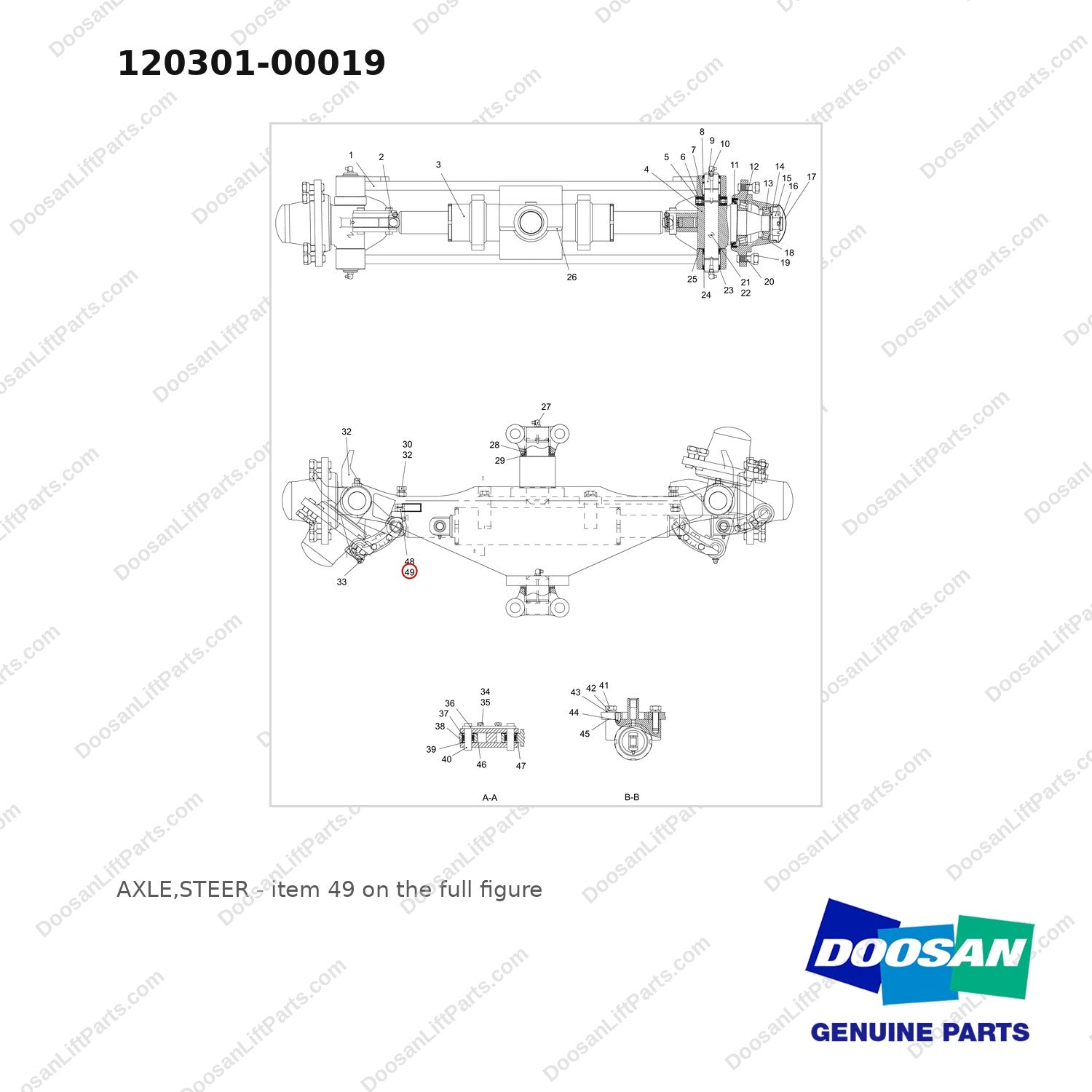 120301-00019 AXLE,STEER - full parts diagram, item 49 marked - genuine Doosan / Bobcat forklift part