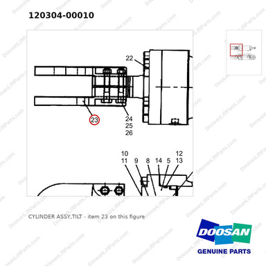 120304-00010 CYLINDER ASSY,TILT - parts diagram, item 23 shown - genuine Doosan / Bobcat forklift part