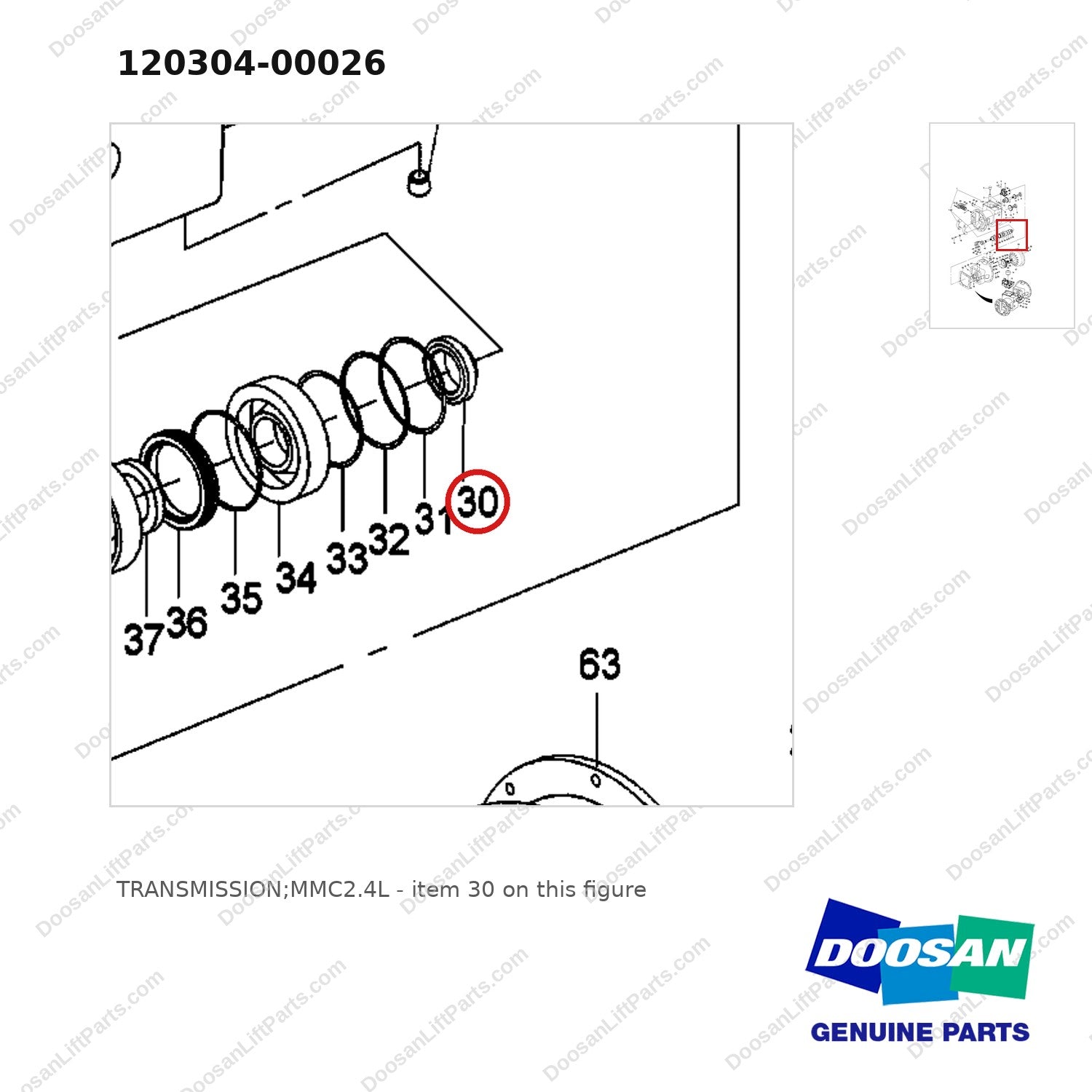 120304-00026 TRANSMISSION;MMC2.4L - parts diagram, item 30 shown - genuine Doosan / Bobcat forklift part