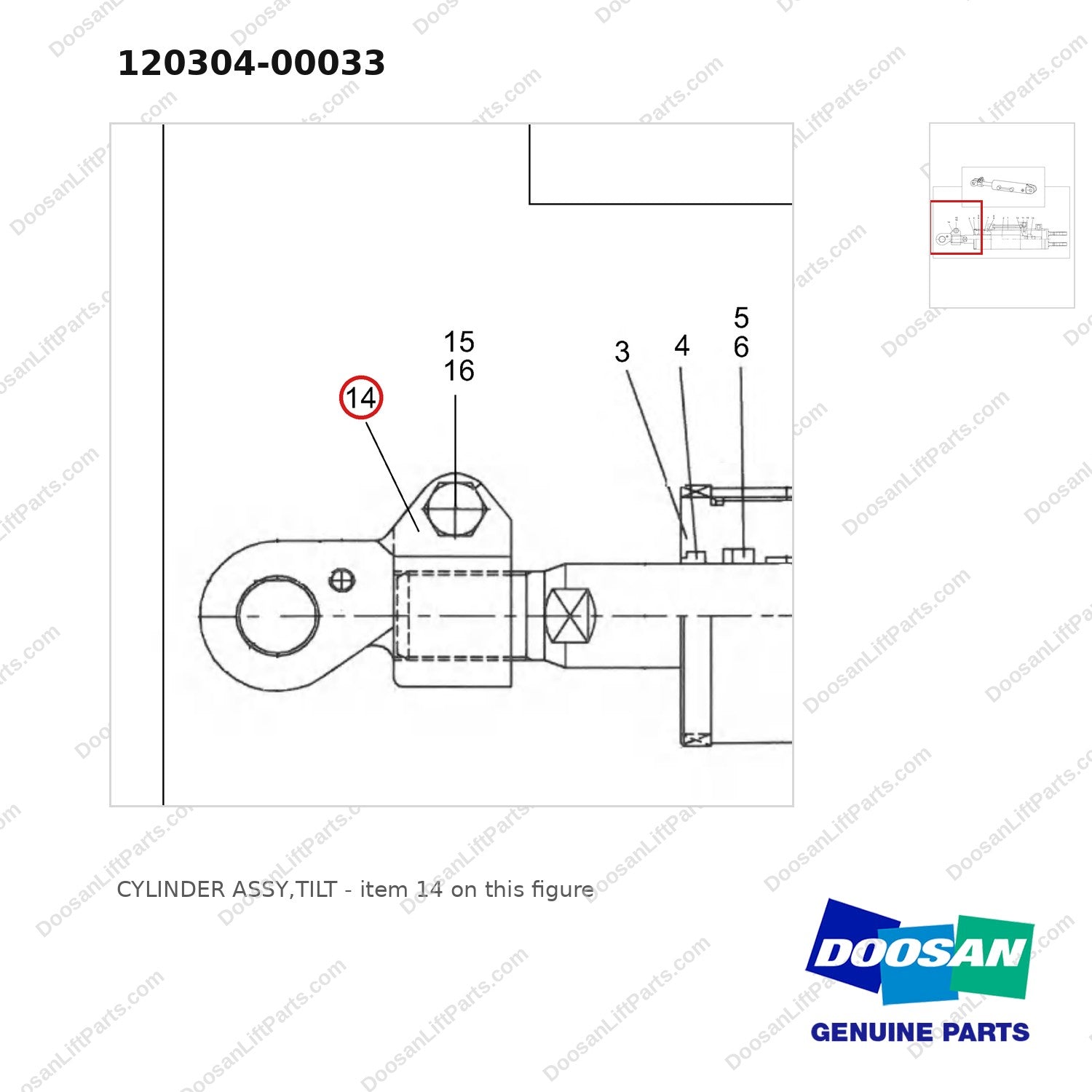 120304-00033 CYLINDER ASSY,TILT - parts diagram, item 14 shown - genuine Doosan / Bobcat forklift part