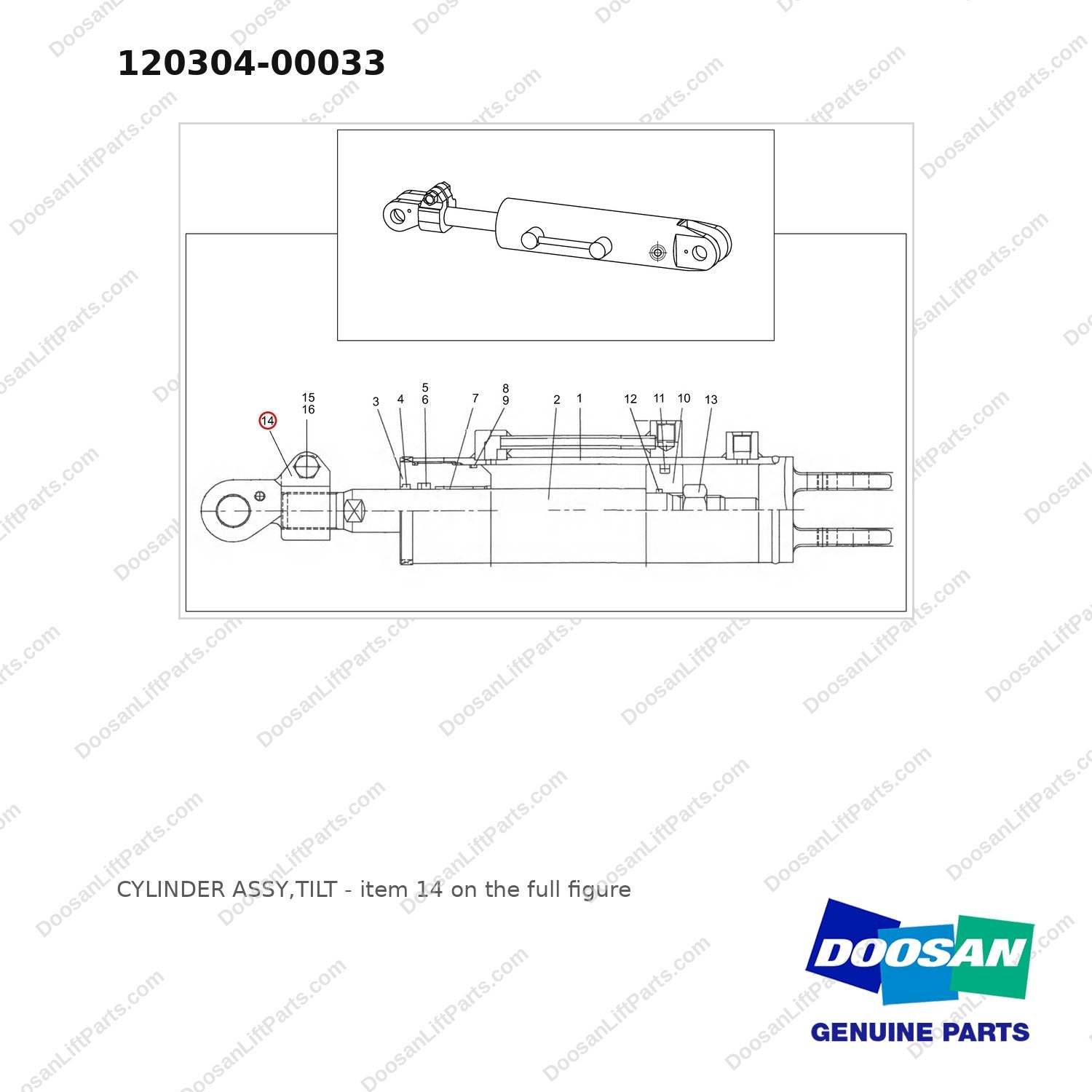 120304-00033 CYLINDER ASSY,TILT - full parts diagram, item 14 marked - genuine Doosan / Bobcat forklift part