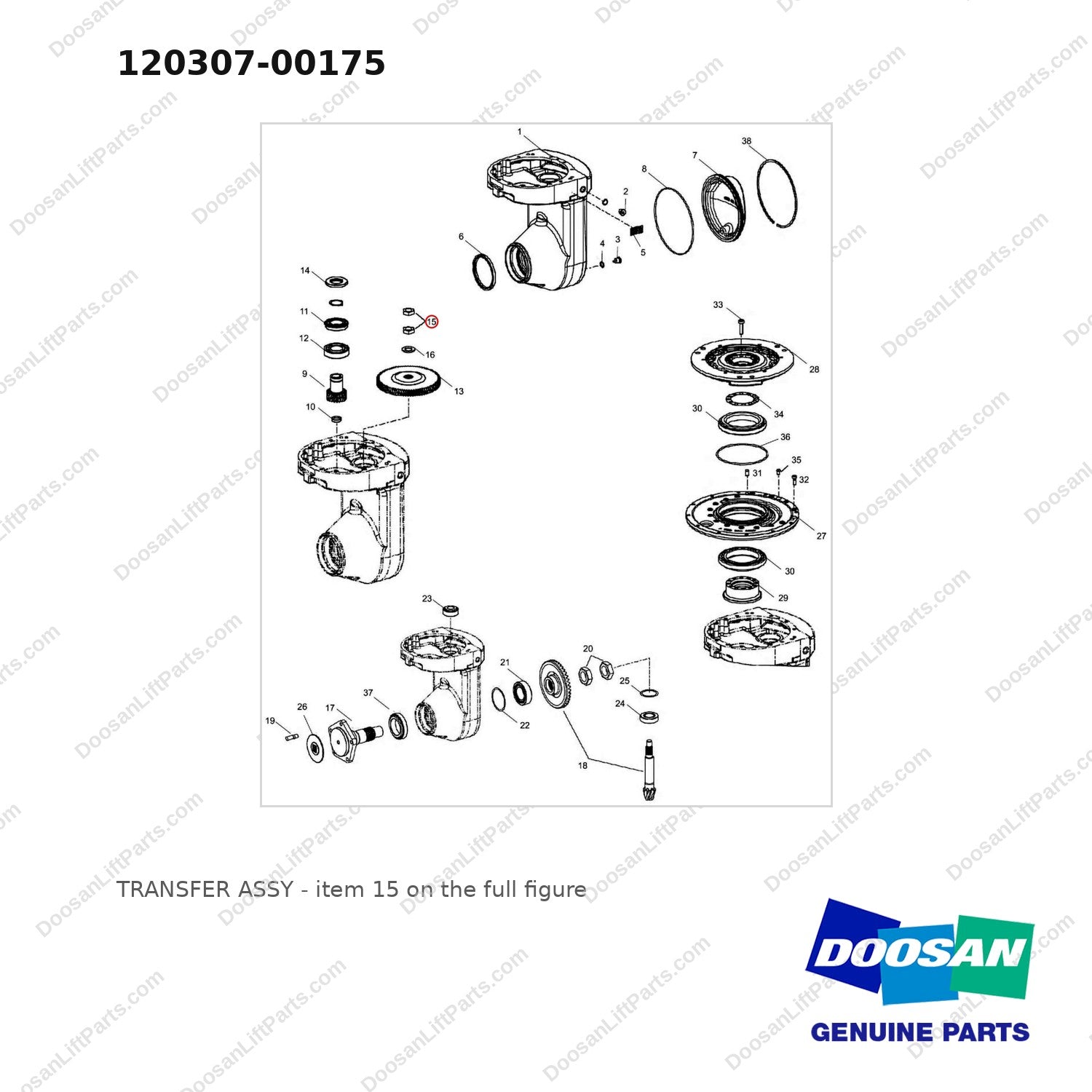 120307-00175 TRANSFER ASSY - full parts diagram, item 15 marked - genuine Doosan / Bobcat forklift part