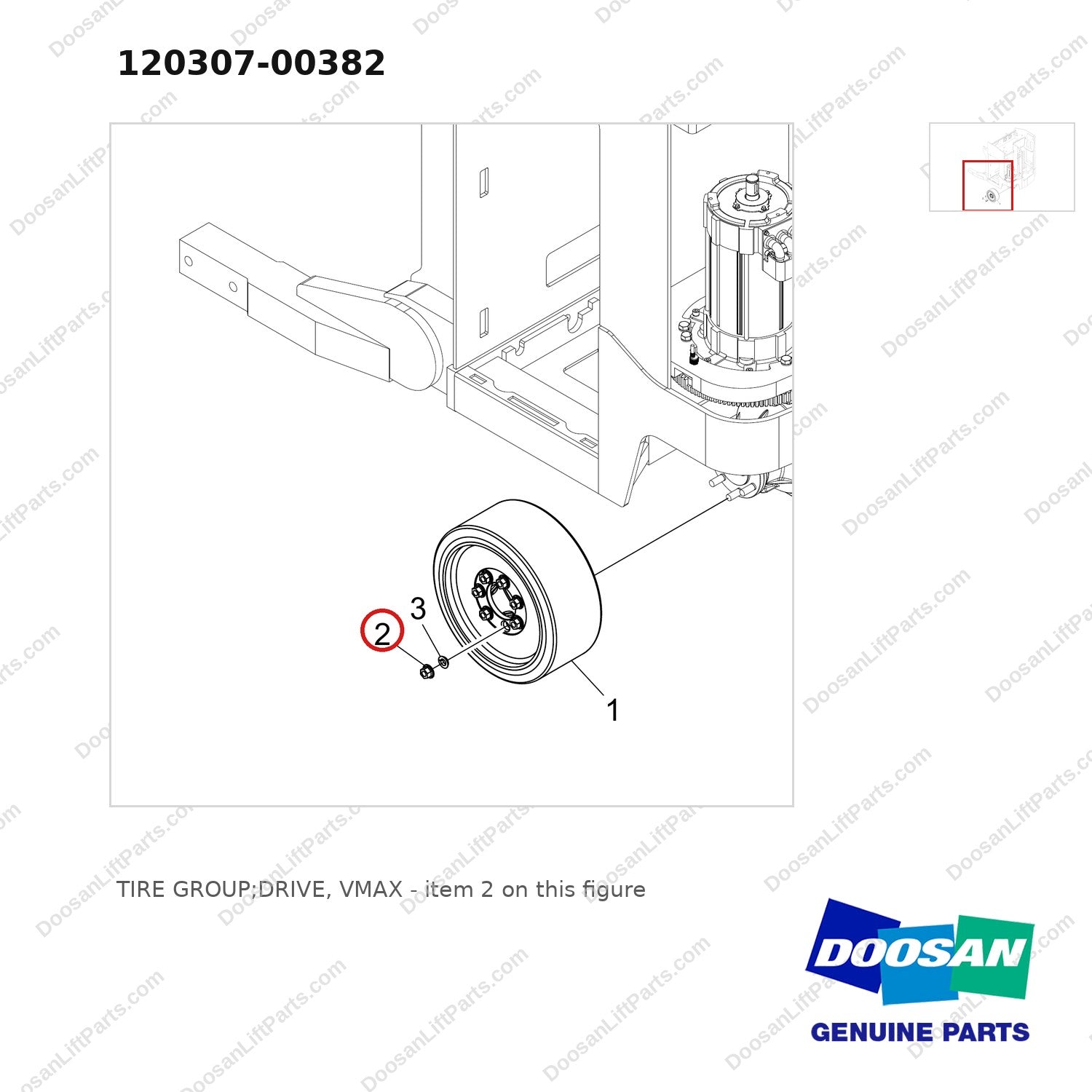 120307-00382 TIRE GROUP;DRIVE, VMAX - parts diagram, item 2 shown - genuine Doosan / Bobcat forklift part