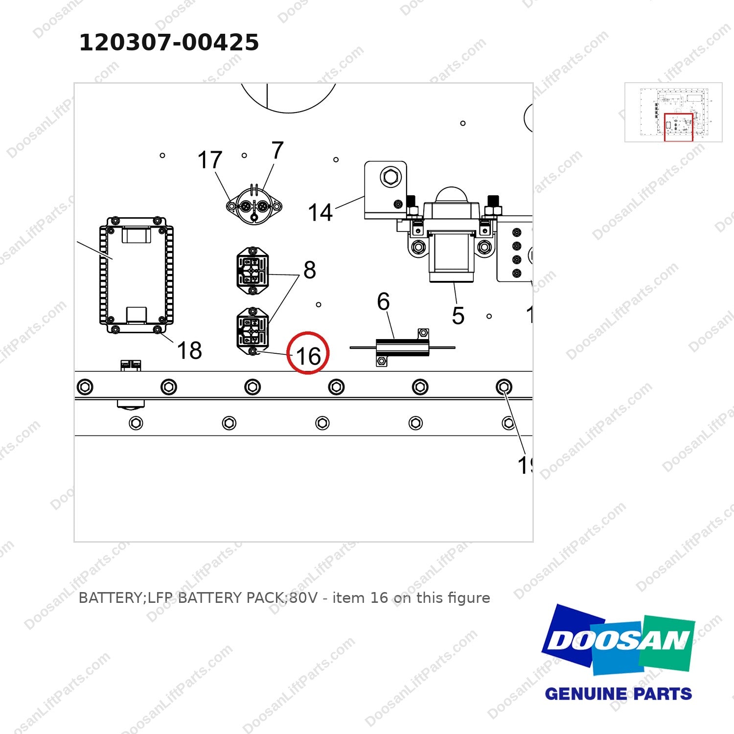 120307-00425 BATTERY;LFP BATTERY PACK;80V - parts diagram, item 16 shown - genuine Doosan / Bobcat forklift part