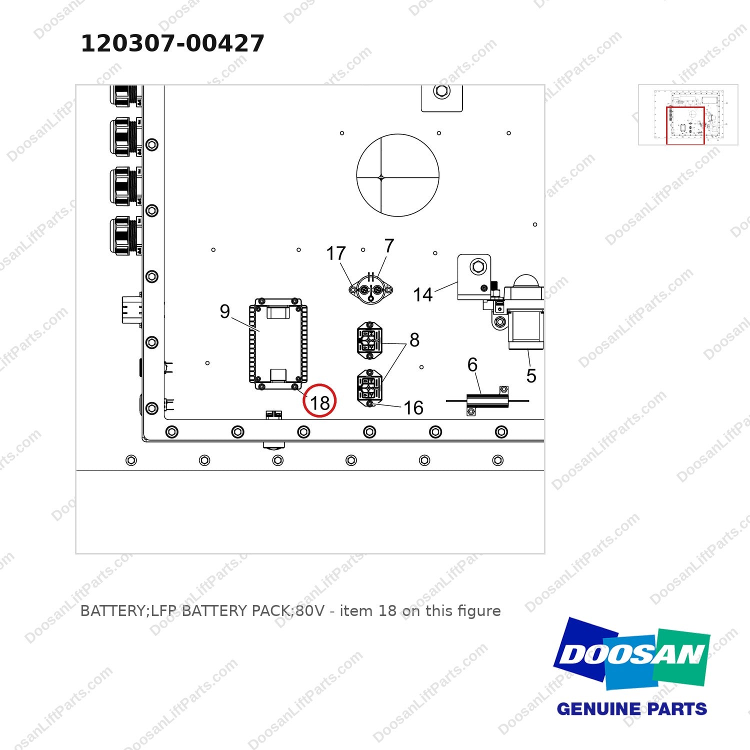 120307-00427 BATTERY;LFP BATTERY PACK;80V - parts diagram, item 18 shown - genuine Doosan / Bobcat forklift part