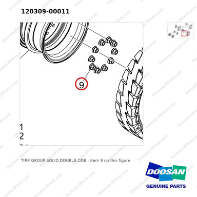 120309-00011 TIRE GROUP;SOLID,DOUBLE,ODB - parts diagram, item 9 shown - genuine Doosan / Bobcat forklift part
