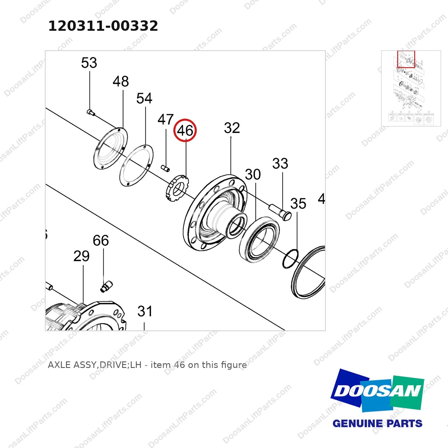 120311-00332 AXLE ASSY,DRIVE;LH - parts diagram, item 46 shown - genuine Doosan / Bobcat forklift part
