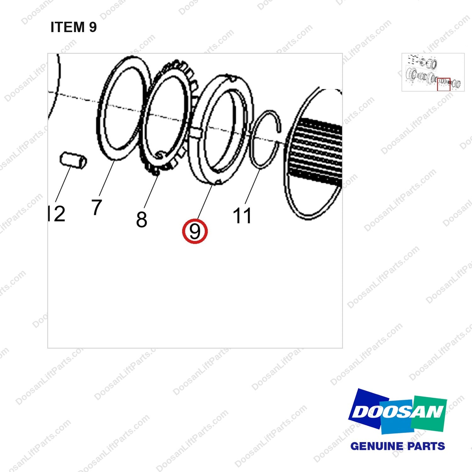 120311-00485 HUB ASSY - parts diagram, item 9 shown - genuine Doosan / Bobcat forklift part