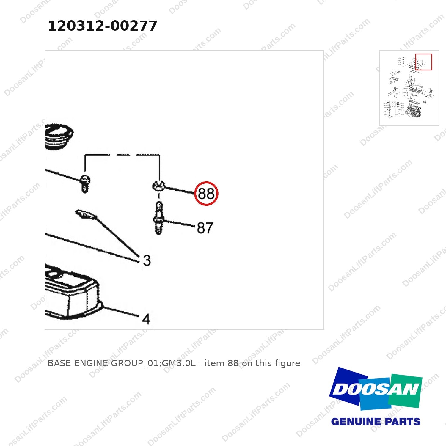 120312-00277 BASE ENGINE GROUP_01;GM3.0L - parts diagram, item 88 shown - genuine Doosan / Bobcat forklift part