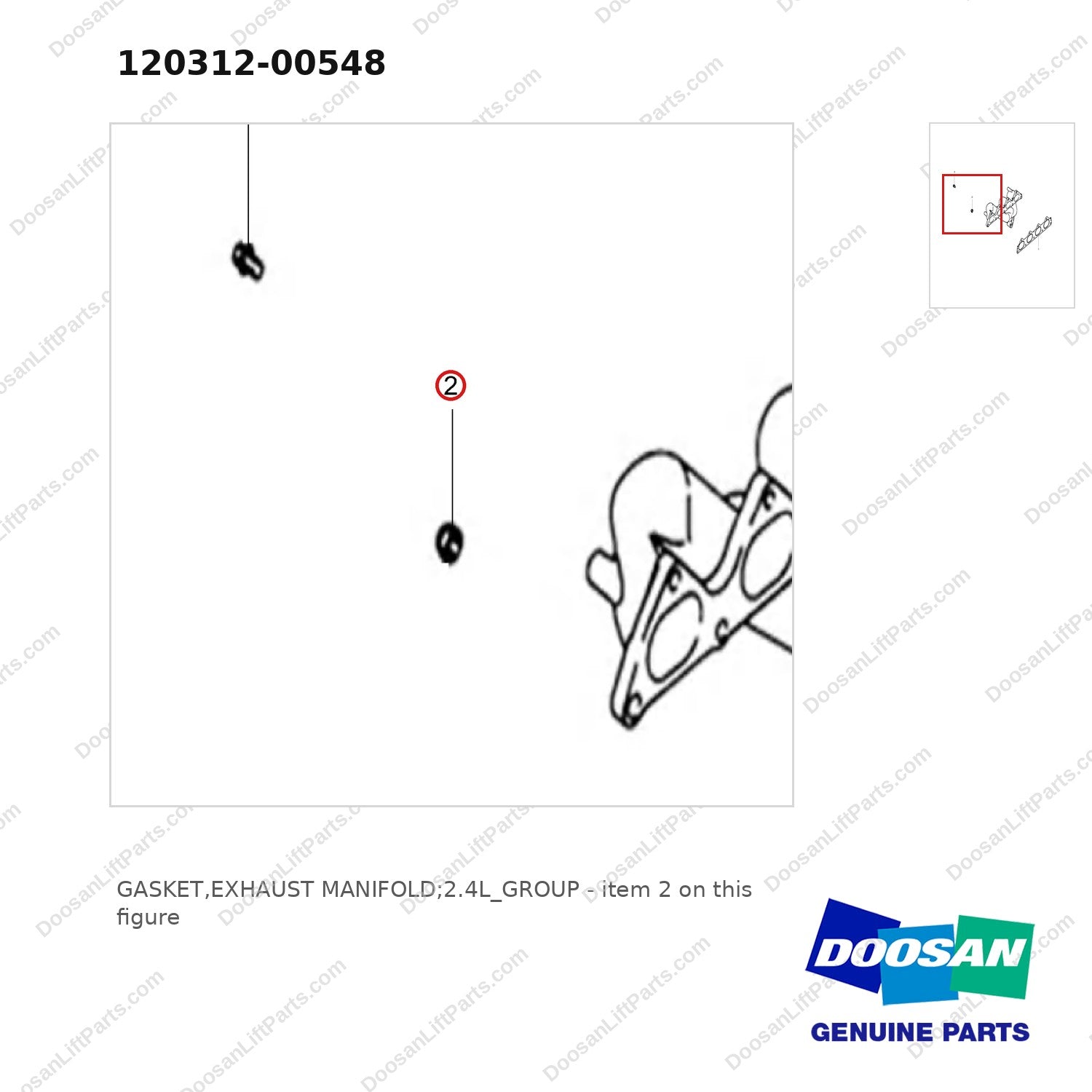 120312-00548 GASKET,EXHAUST MANIFOLD;2.4L_GROUP - parts diagram, item 2 shown - genuine Doosan / Bobcat forklift part