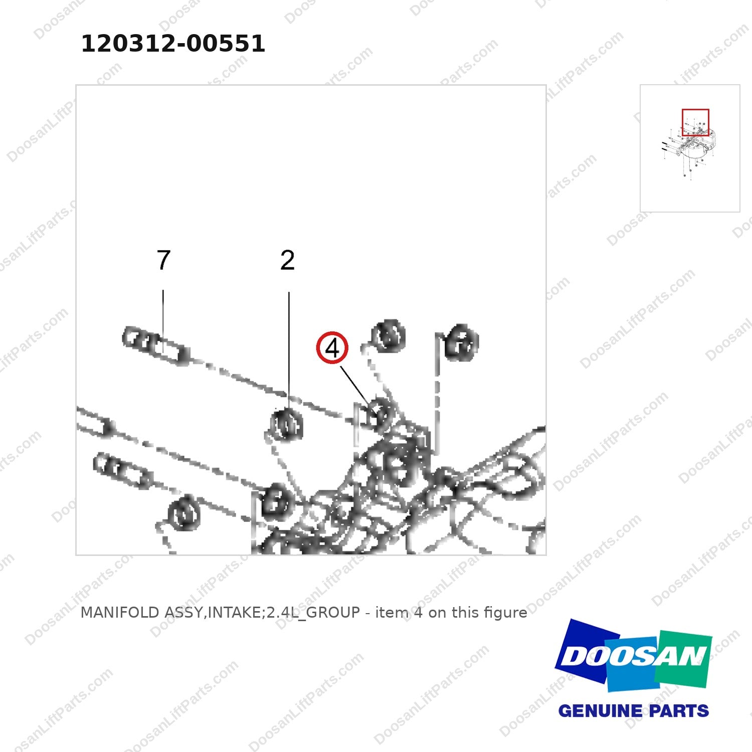 120312-00551 MANIFOLD ASSY,INTAKE;2.4L_GROUP - parts diagram, item 4 shown - genuine Doosan / Bobcat forklift part