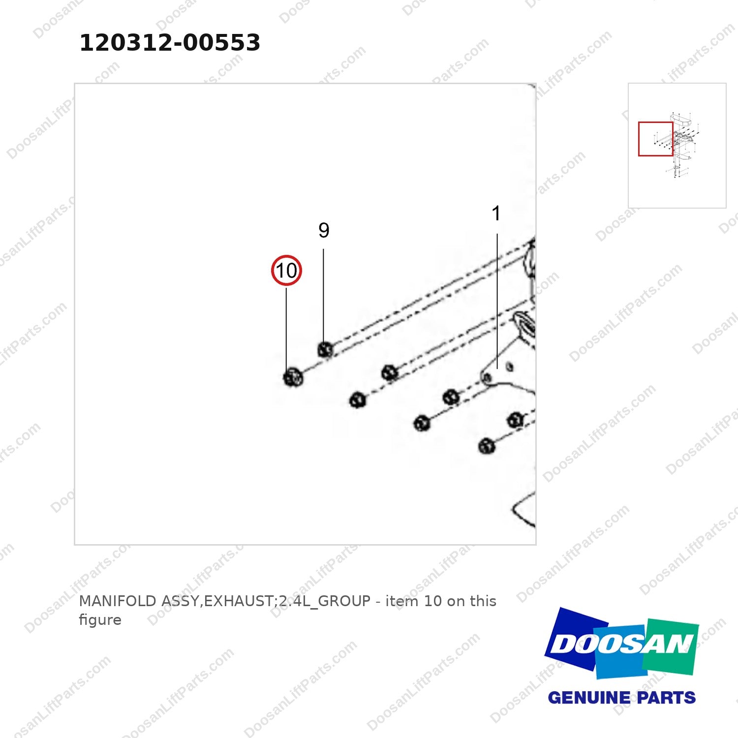 120312-00553 MANIFOLD ASSY,EXHAUST;2.4L_GROUP - parts diagram, item 10 shown - genuine Doosan / Bobcat forklift part