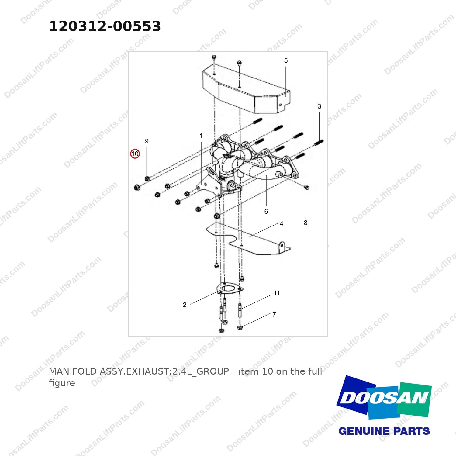 120312-00553 MANIFOLD ASSY,EXHAUST;2.4L_GROUP - full parts diagram, item 10 marked - genuine Doosan / Bobcat forklift part