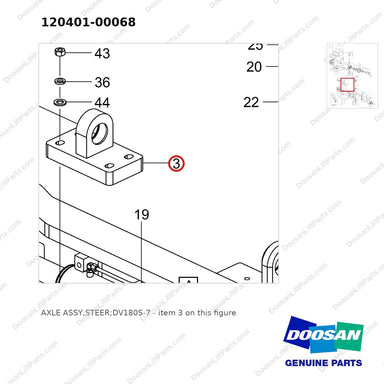 120401-00068 AXLE ASSY,STEER;DV180S-7 - parts diagram, item 3 shown - genuine Doosan / Bobcat forklift part