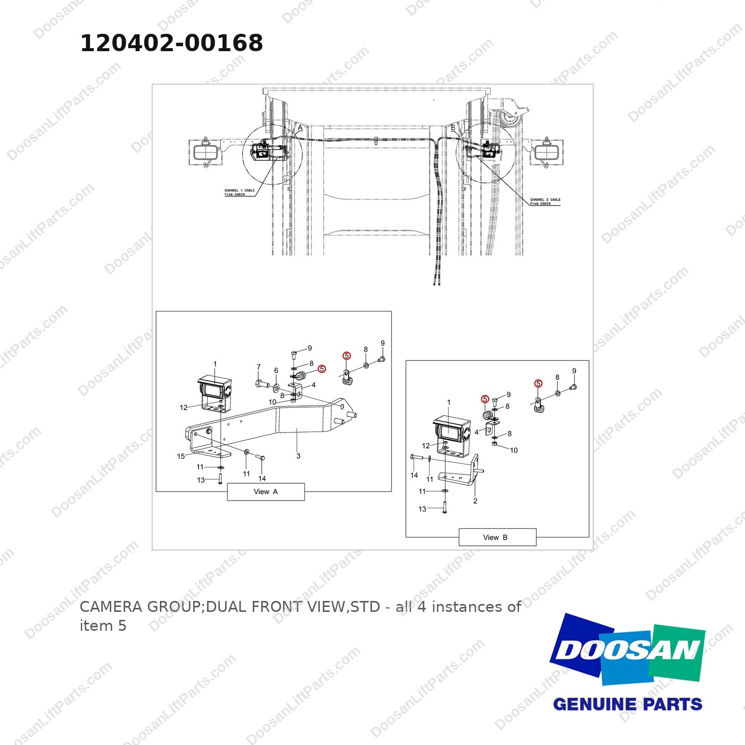 120402-00168 CAMERA GROUP;DUAL FRONT VIEW,STD - full parts diagram, item 5 marked - genuine Doosan / Bobcat forklift part