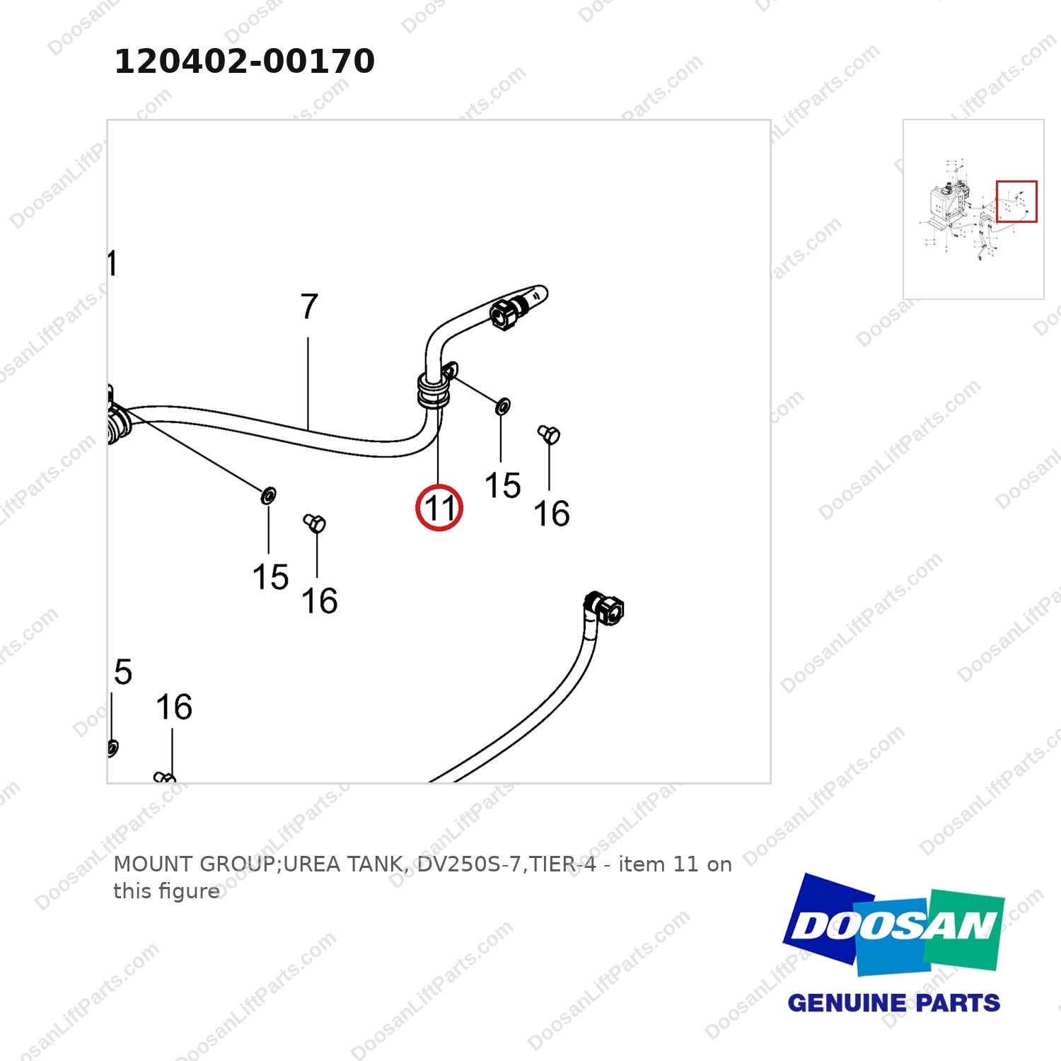 120402-00170 MOUNT GROUP;UREA TANK, DV250S-7,TIER-4 - parts diagram, item 11 shown - genuine Doosan / Bobcat forklift part
