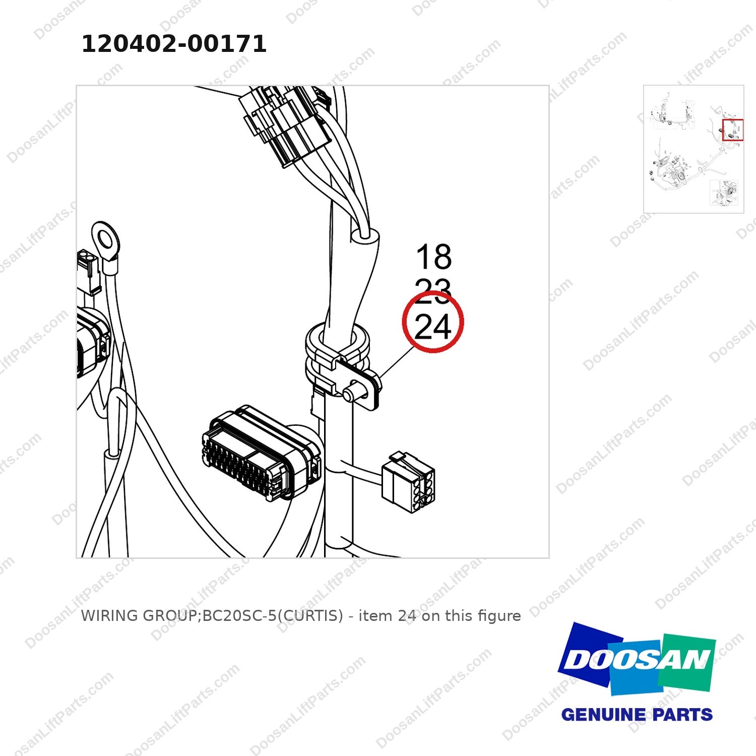 120402-00171 WIRING GROUP;BC20SC-5(CURTIS) - parts diagram, item 24 shown - genuine Doosan / Bobcat forklift part