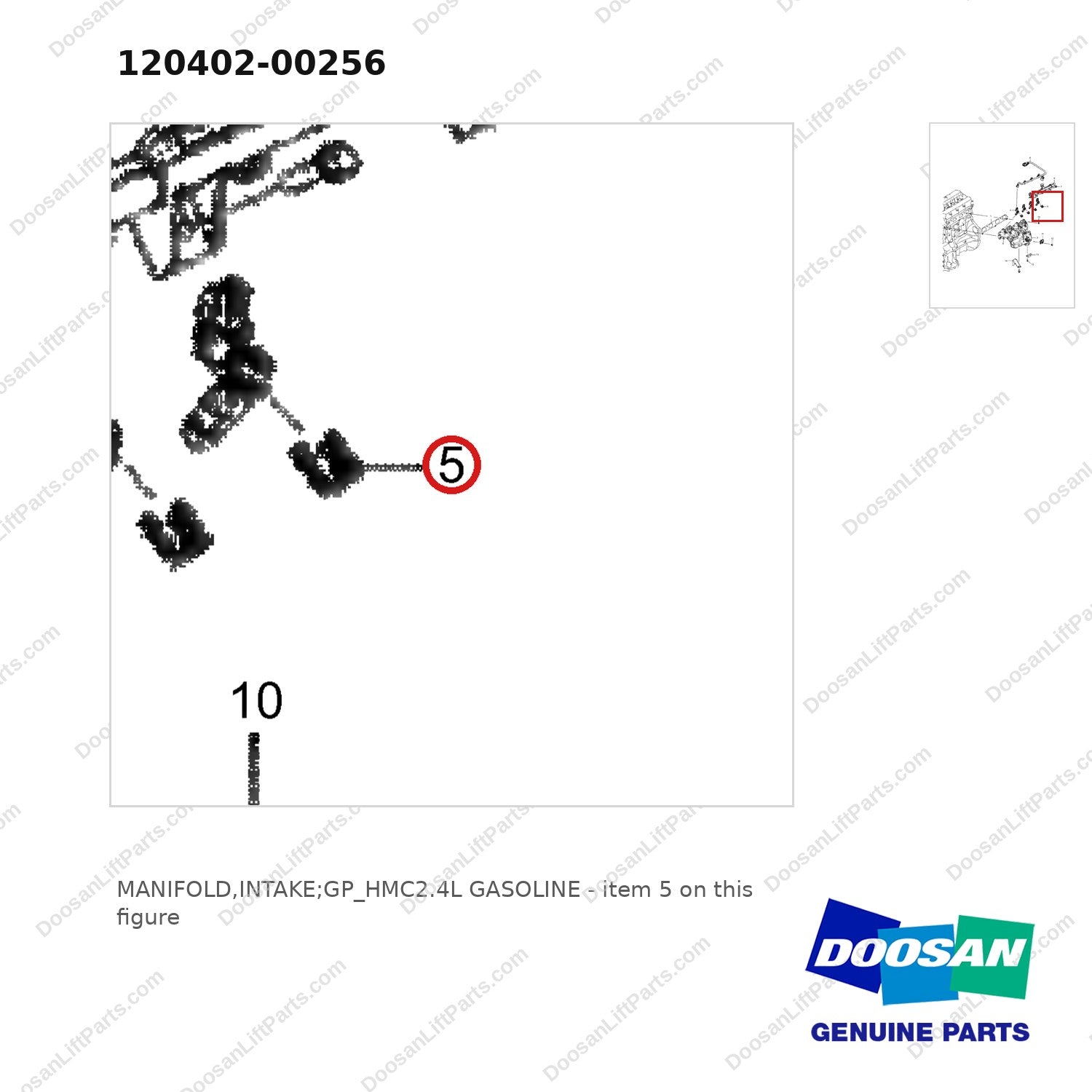 120402-00256 MANIFOLD,INTAKE;GP_HMC2.4L GASOLINE - parts diagram, item 5 shown - genuine Doosan / Bobcat forklift part
