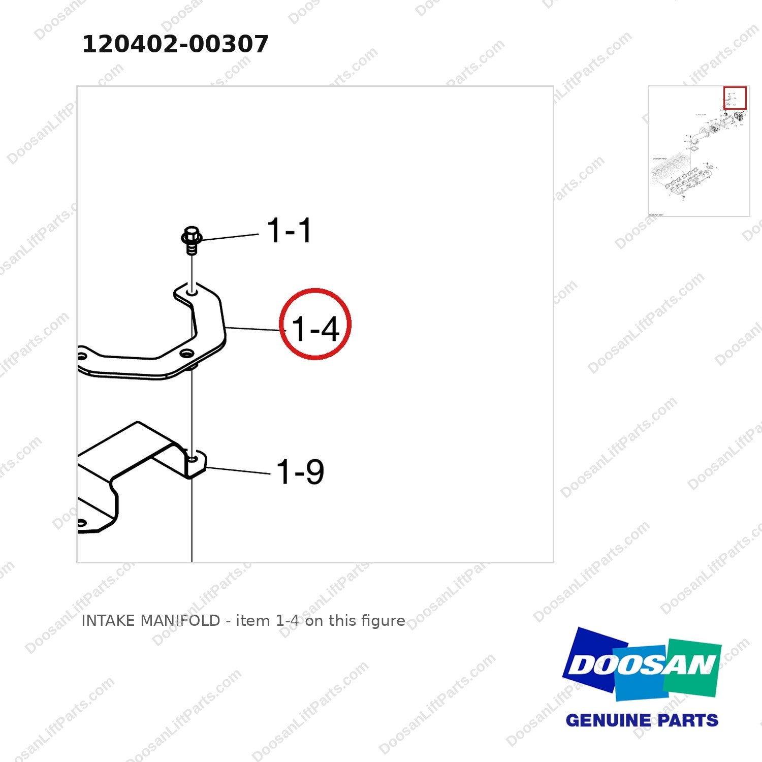 120402-00307 INTAKE MANIFOLD - parts diagram, item 1-4 shown - genuine Doosan / Bobcat forklift part