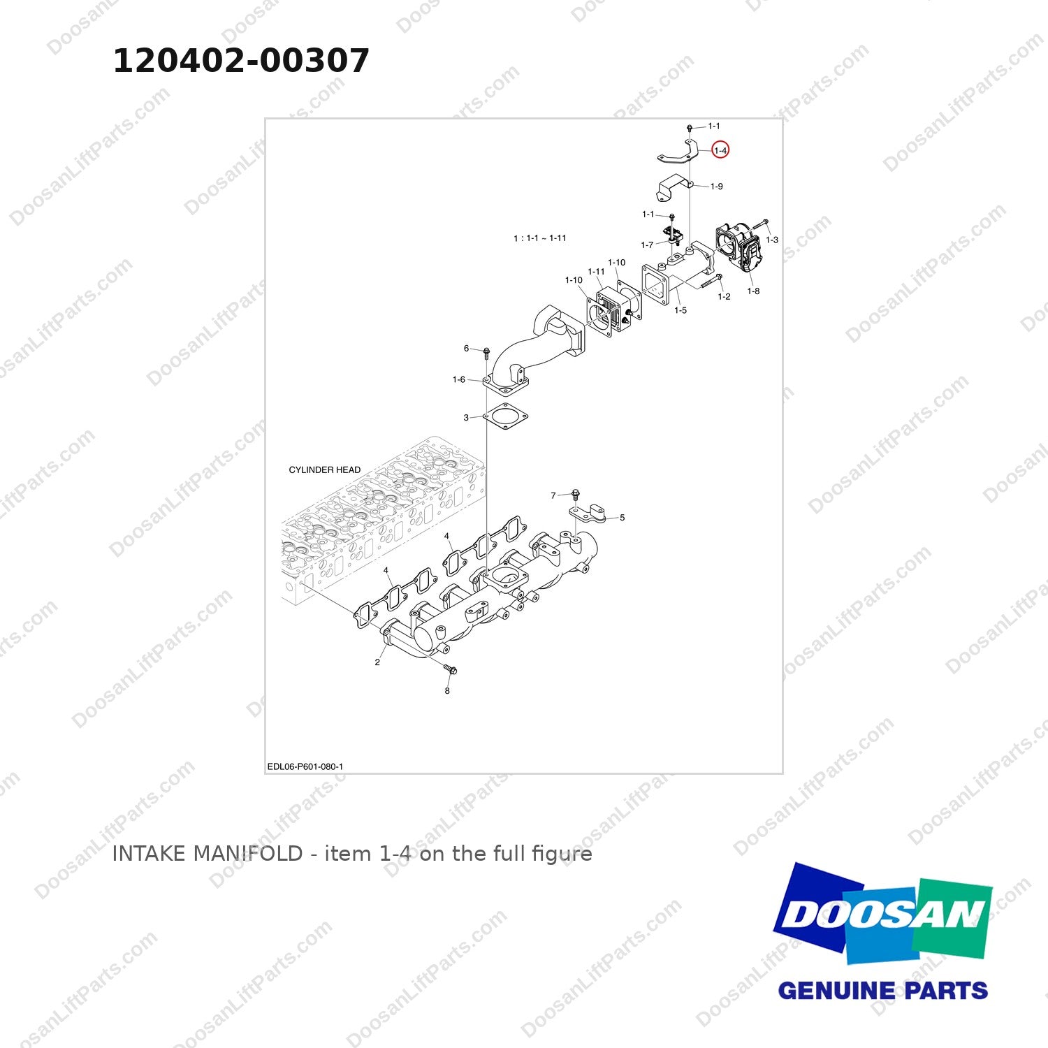 120402-00307 INTAKE MANIFOLD - full parts diagram, item 1-4 marked - genuine Doosan / Bobcat forklift part