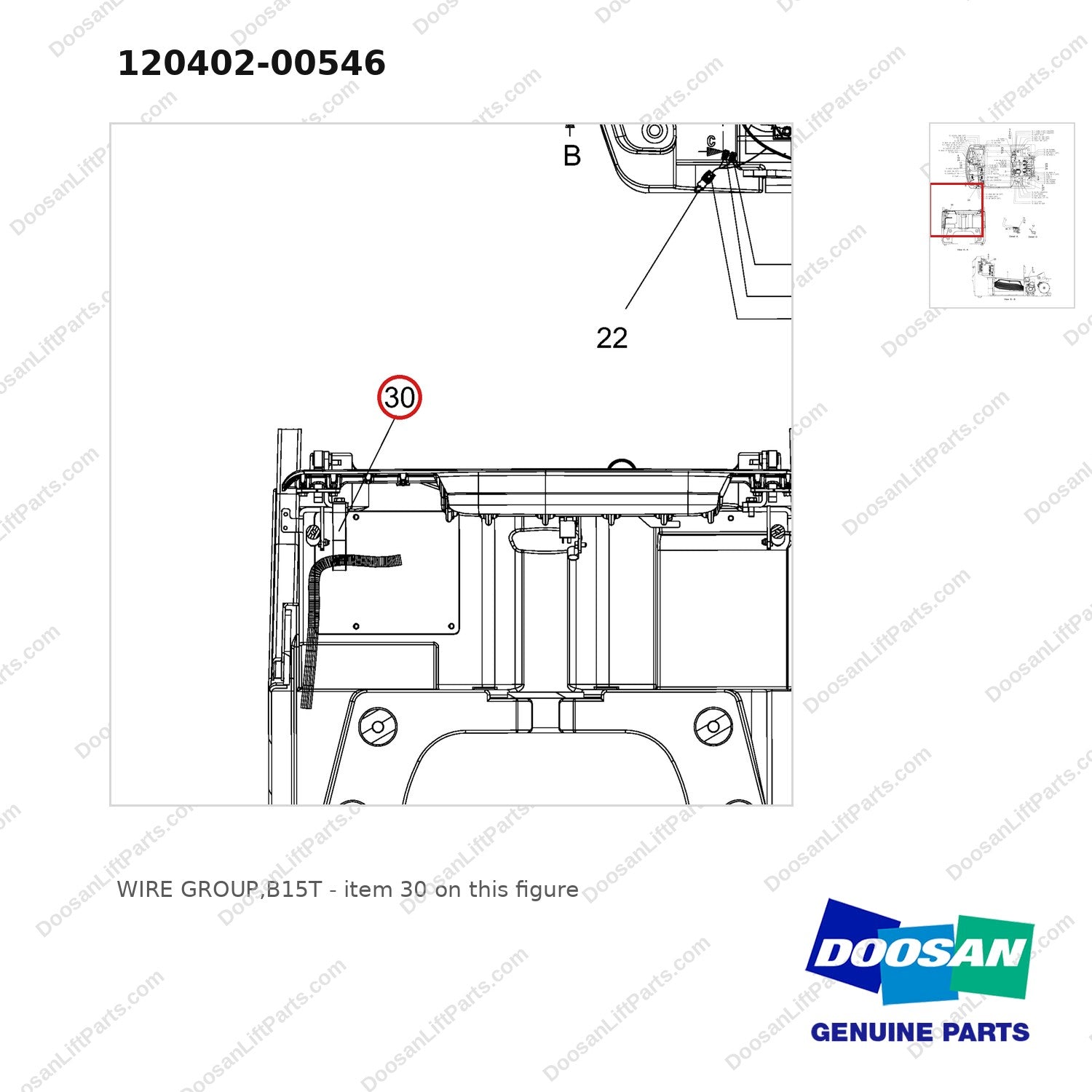 120402-00546 WIRE GROUP,B15T - parts diagram, item 30 shown - genuine Doosan / Bobcat forklift part