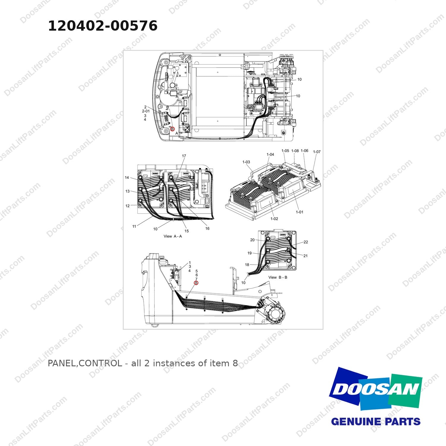 120402-00576 PANEL,CONTROL - full parts diagram, item 8 marked - genuine Doosan / Bobcat forklift part