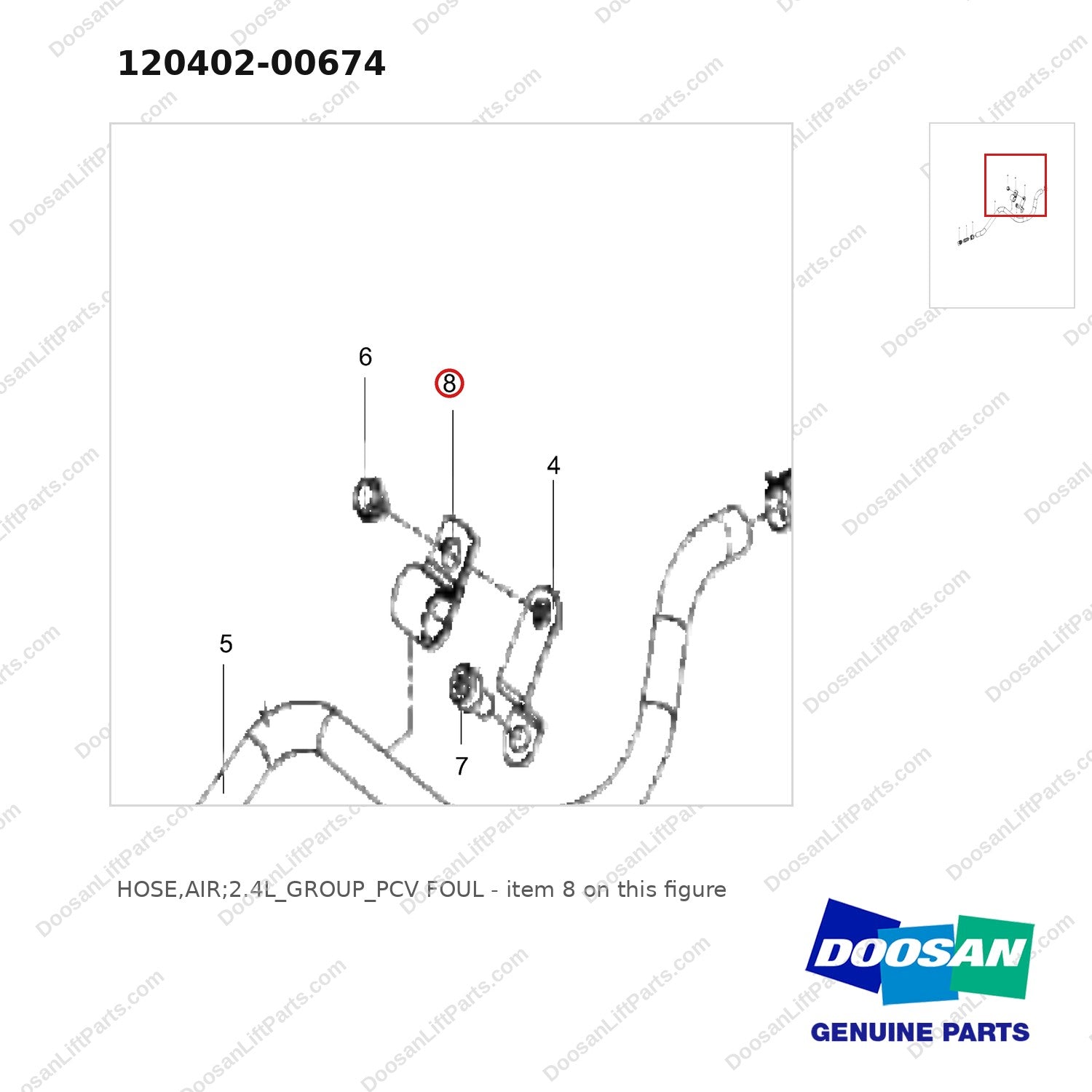120402-00674 HOSE,AIR;2.4L_GROUP_PCV FOUL - parts diagram, item 8 shown - genuine Doosan / Bobcat forklift part