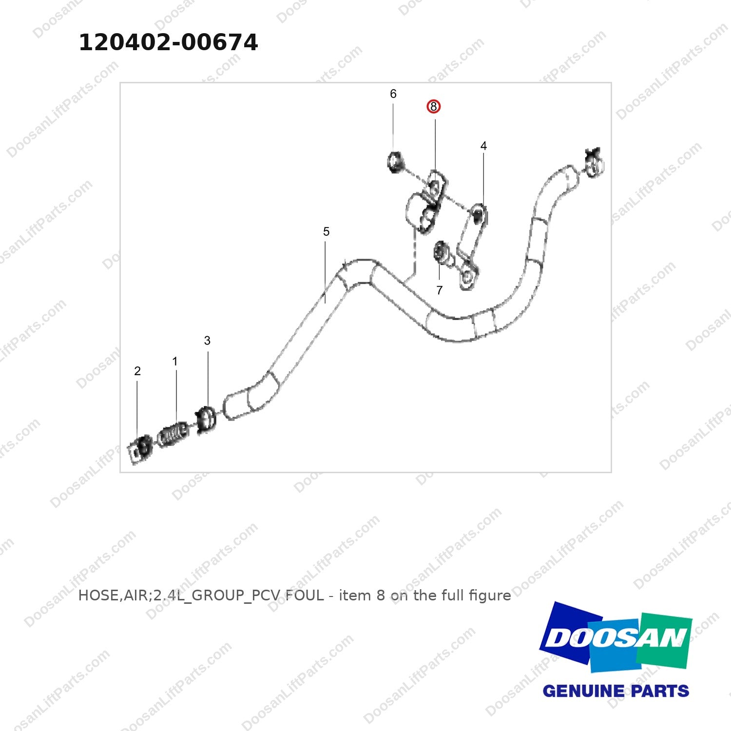 120402-00674 HOSE,AIR;2.4L_GROUP_PCV FOUL - full parts diagram, item 8 marked - genuine Doosan / Bobcat forklift part
