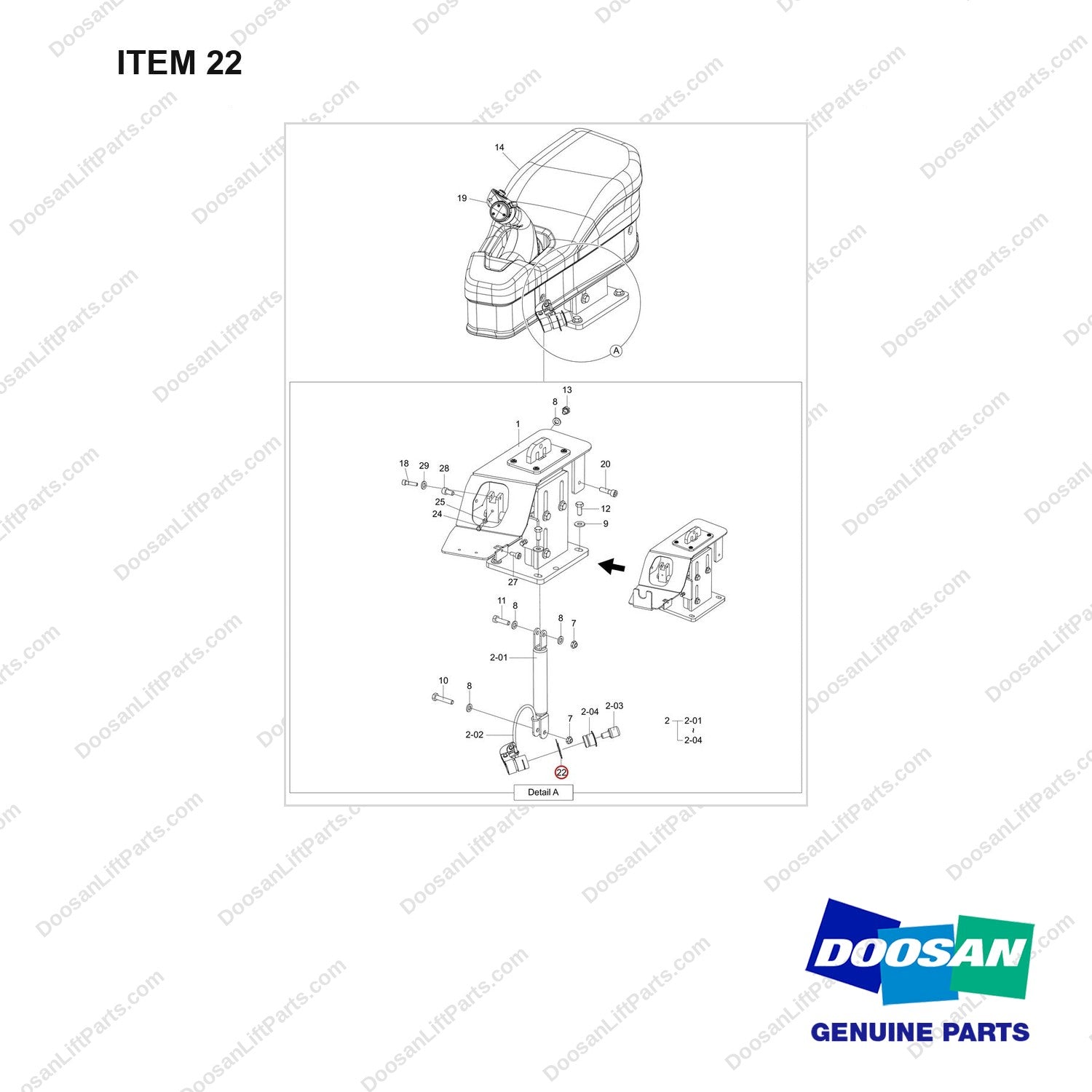 120402-00743 ADJUSTER;ARMREST GP - full parts diagram, item 22 marked - genuine Doosan / Bobcat forklift part