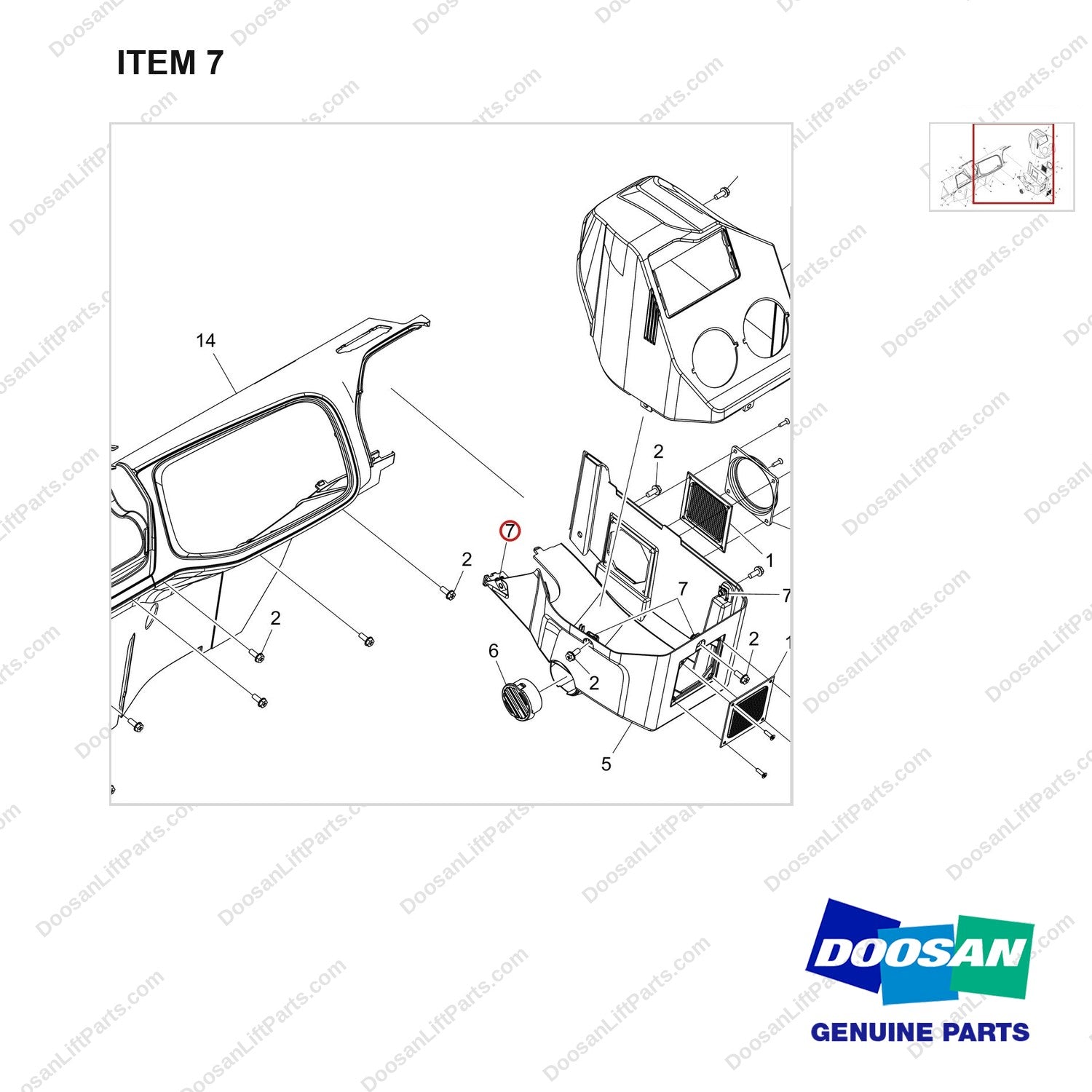 120402-00851 CONSOLE COVER;WITH HEATER - parts diagram, item 7 shown - genuine Doosan / Bobcat forklift part