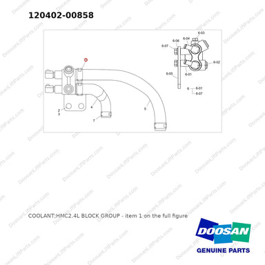 120402-00858 COOLANT;HMC2.4L BLOCK GROUP - full parts diagram, item 1 marked - genuine Doosan / Bobcat forklift part