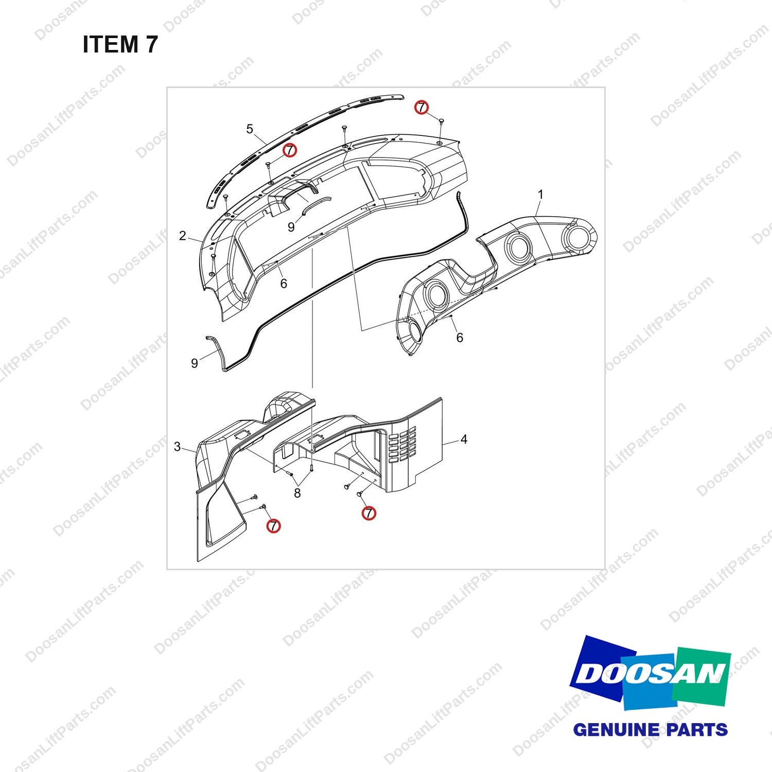 120407-00088 BOARD,DASH;ASSY - full parts diagram, item 7 marked - genuine Doosan / Bobcat forklift part