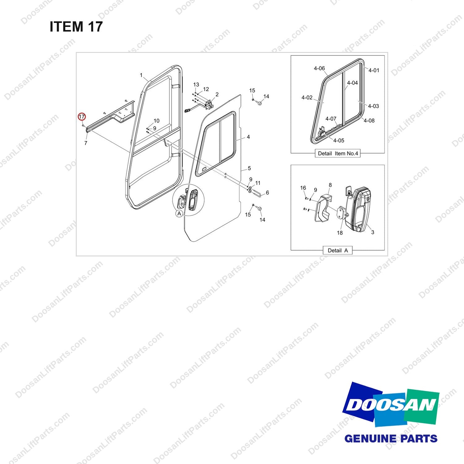 120407-00090 DOOR ASSY,SIDE;LH - full parts diagram, item 17 marked - genuine Doosan / Bobcat forklift part