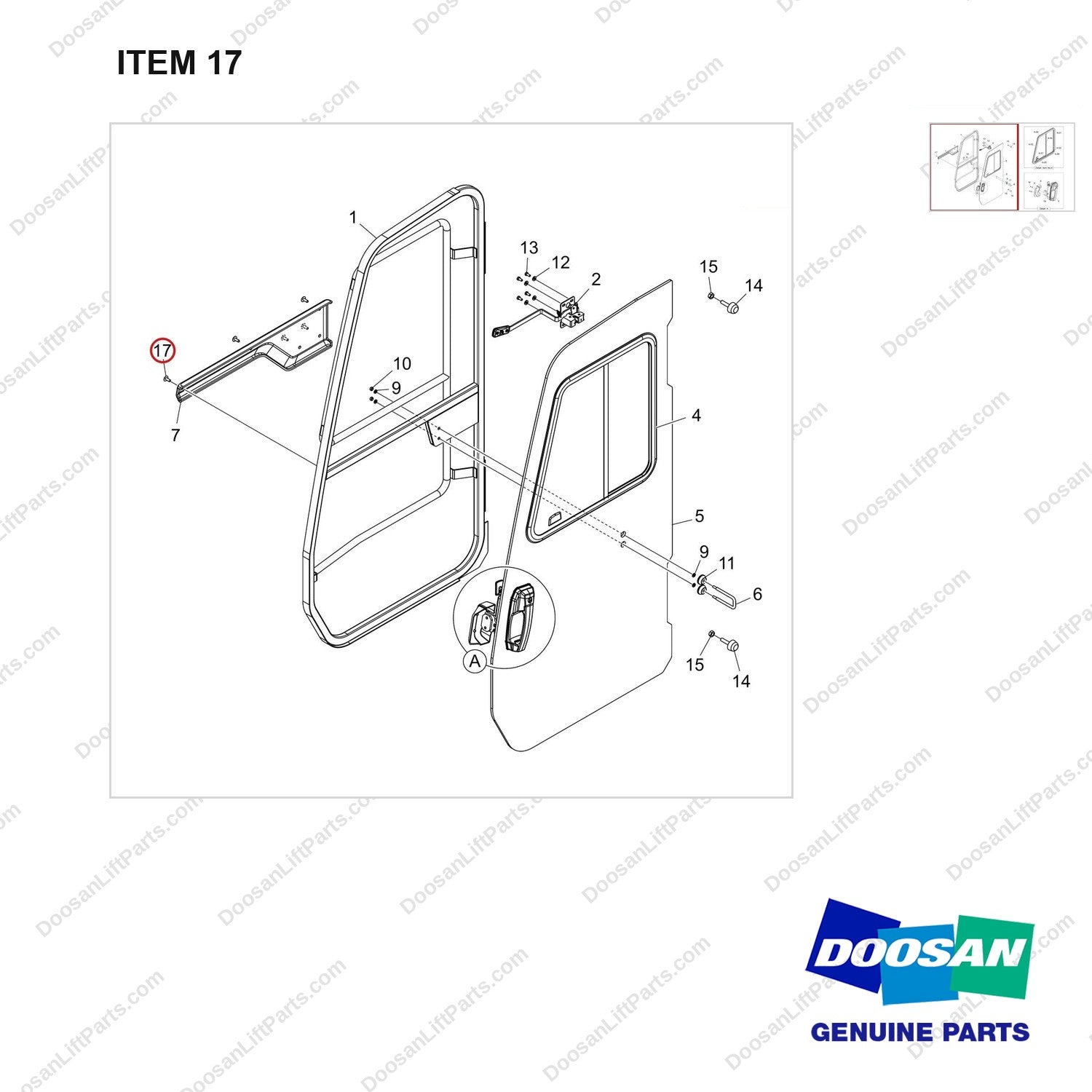 120407-00090 DOOR ASSY,SIDE;LH - parts diagram, item 17 shown - genuine Doosan / Bobcat forklift part