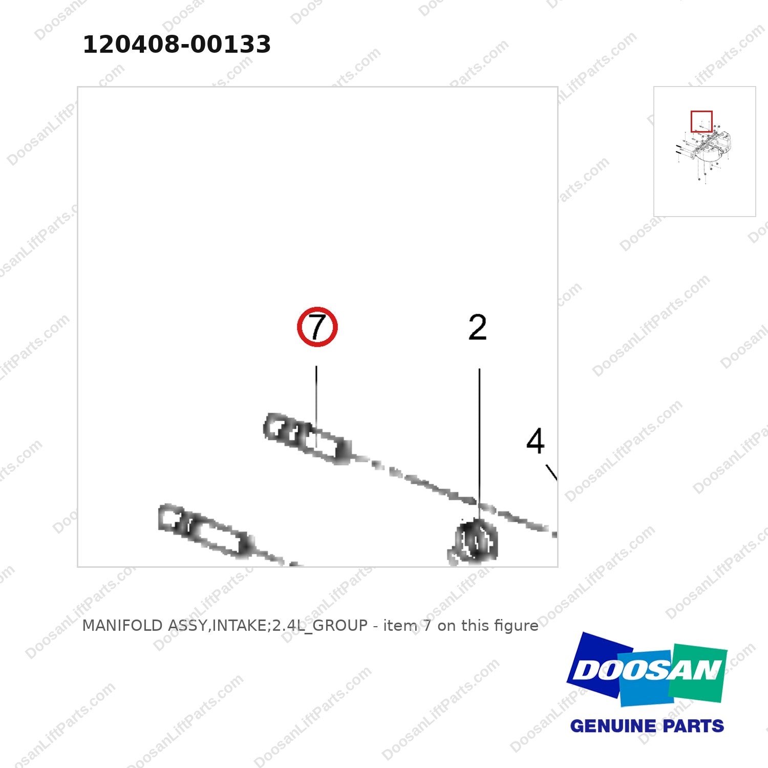 120408-00133 MANIFOLD ASSY,INTAKE;2.4L_GROUP - parts diagram, item 7 shown - genuine Doosan / Bobcat forklift part