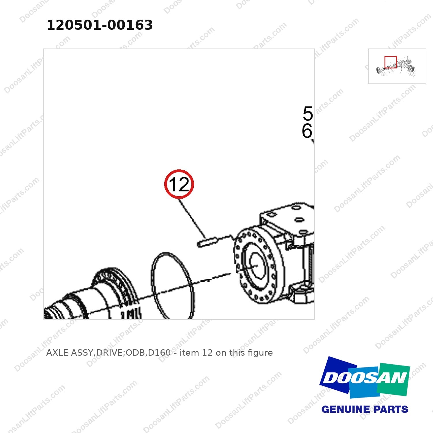 120501-00163 AXLE ASSY,DRIVE;ODB,D160 - parts diagram, item 12 shown - genuine Doosan / Bobcat forklift part