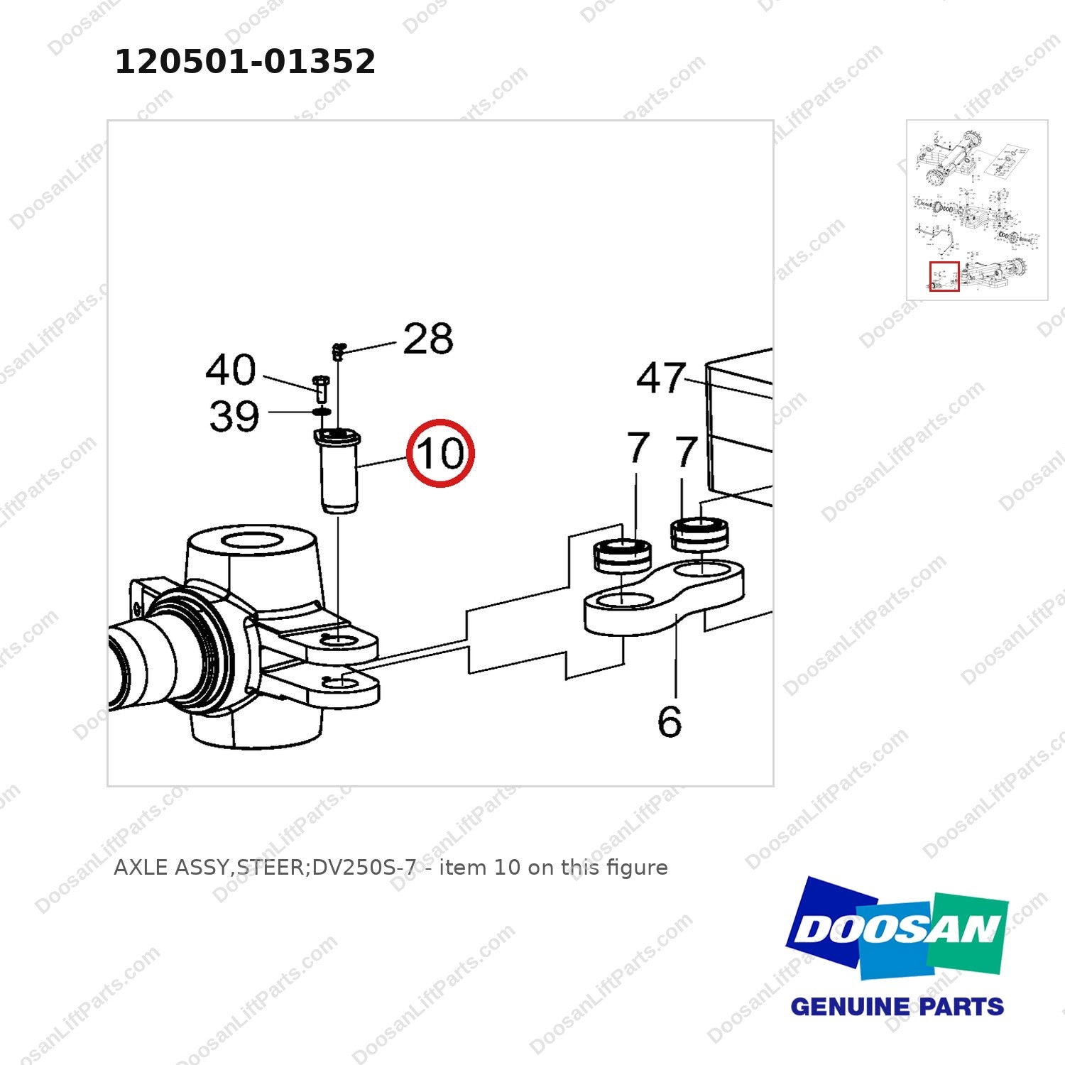 120501-01352 AXLE ASSY,STEER;DV250S-7 - parts diagram, item 10 shown - genuine Doosan / Bobcat forklift part