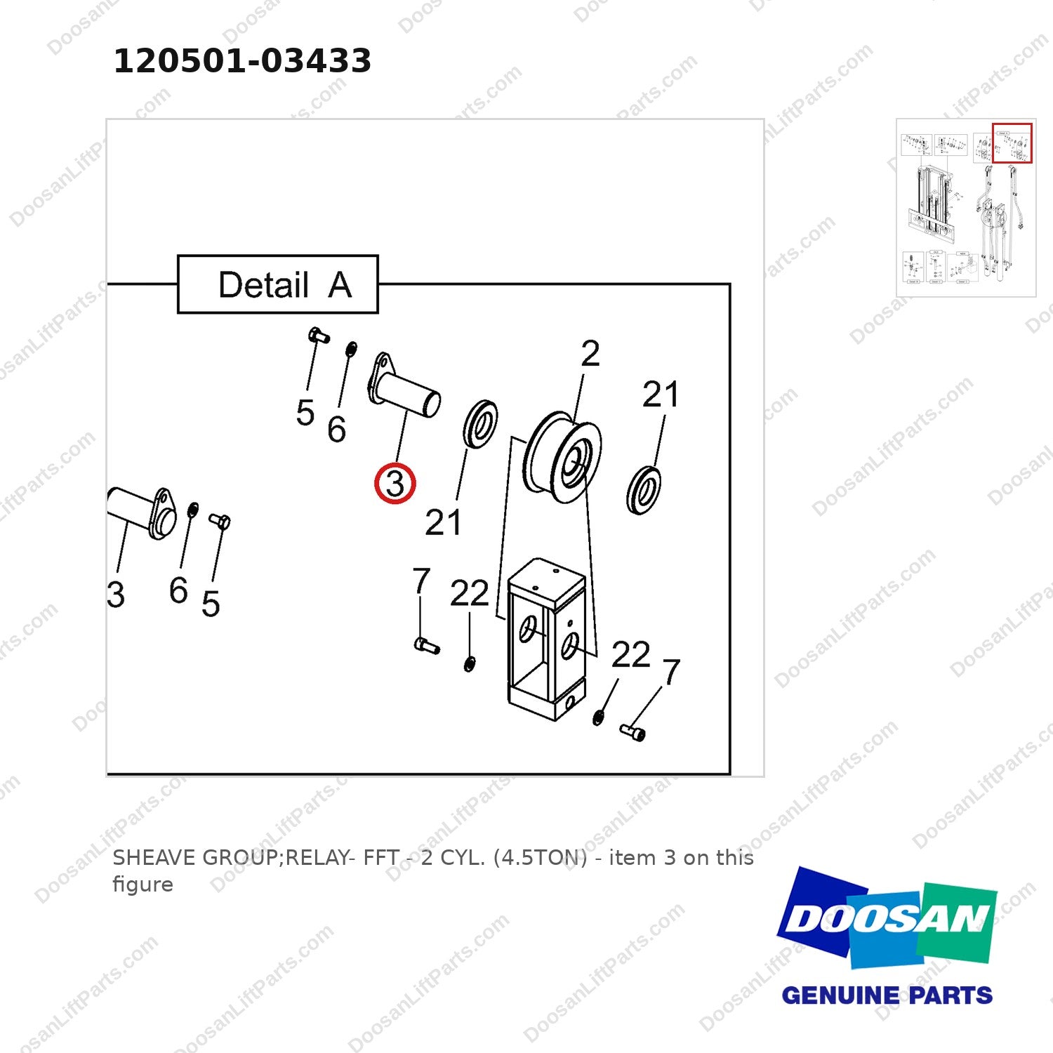 120501-03433 SHEAVE GROUP;RELAY- FFT - 2 CYL. (4.5TON) - parts diagram, item 3 shown - genuine Doosan / Bobcat forklift part