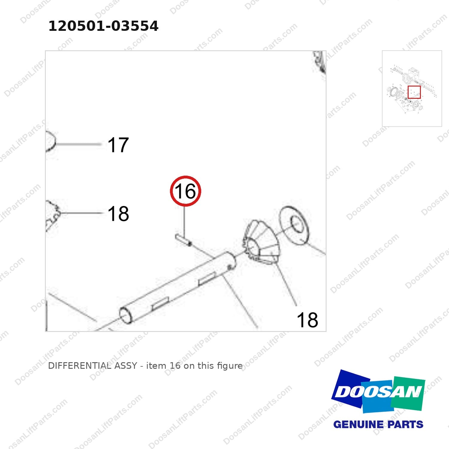 120501-03554 DIFFERENTIAL ASSY - parts diagram, item 16 shown - genuine Doosan / Bobcat forklift part