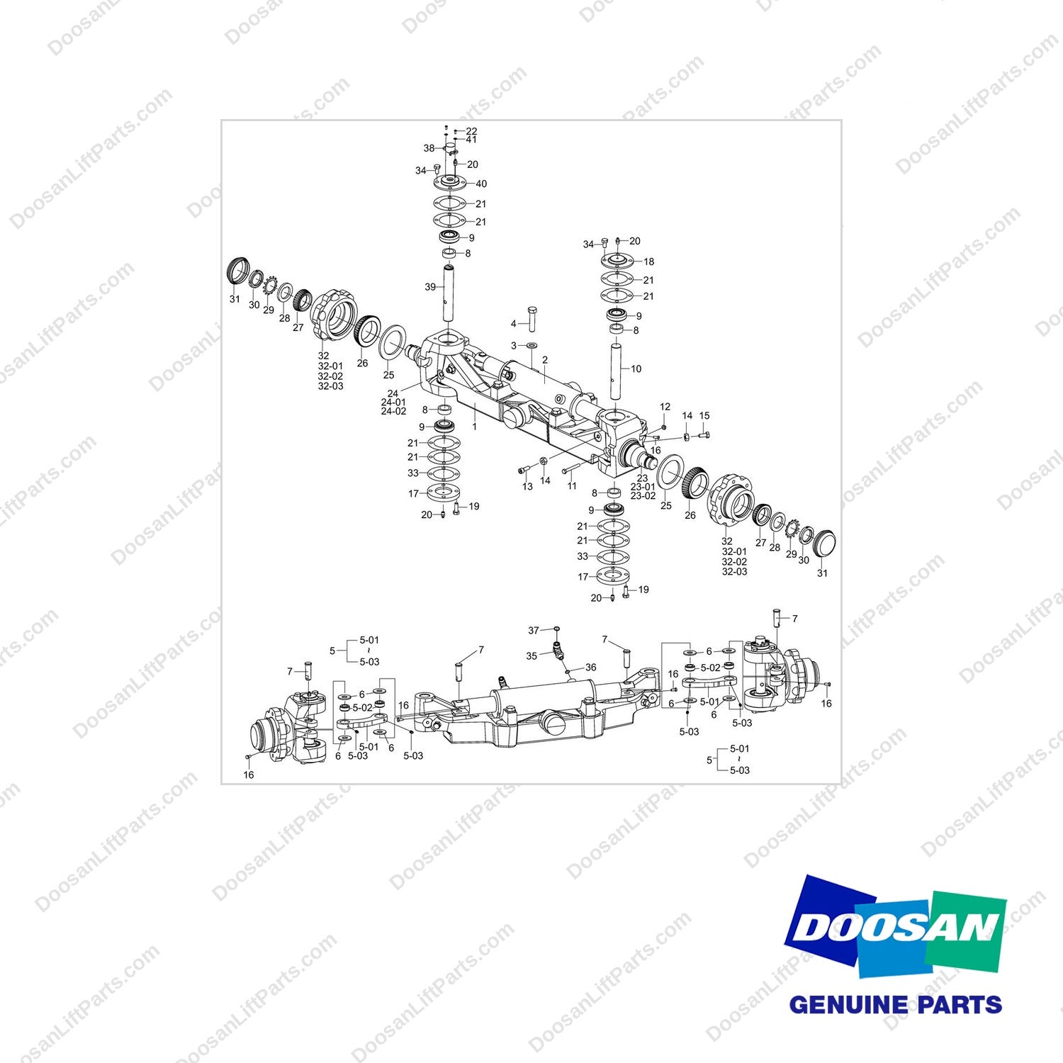 120501-03843 AXLE GROUP,STEER;B22/35X-7 - full parts diagram - genuine Doosan / Bobcat forklift part