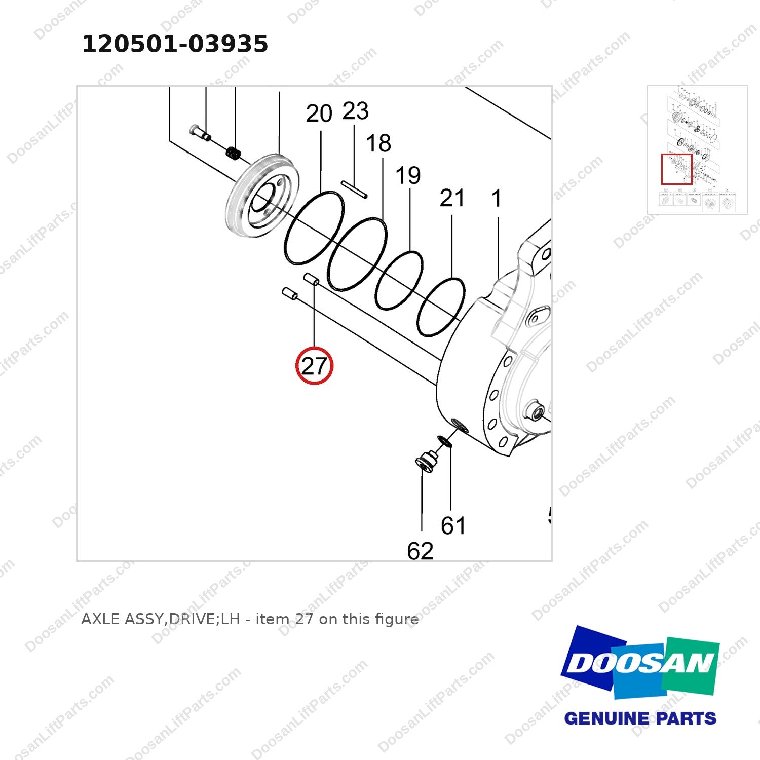 120501-03935 AXLE ASSY,DRIVE;LH - parts diagram, item 27 shown - genuine Doosan / Bobcat forklift part