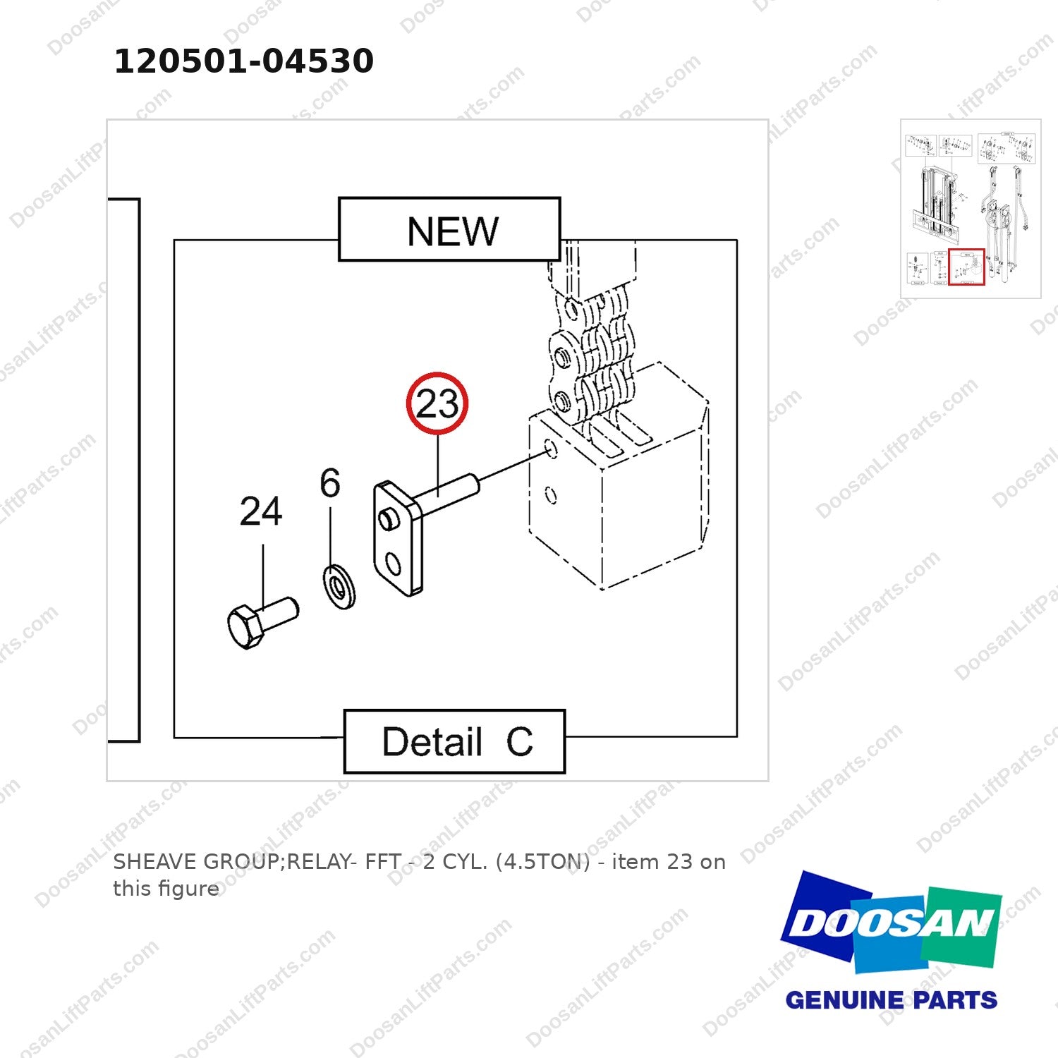 120501-04530 SHEAVE GROUP;RELAY- FFT - 2 CYL. (4.5TON) - parts diagram, item 23 shown - genuine Doosan / Bobcat forklift part