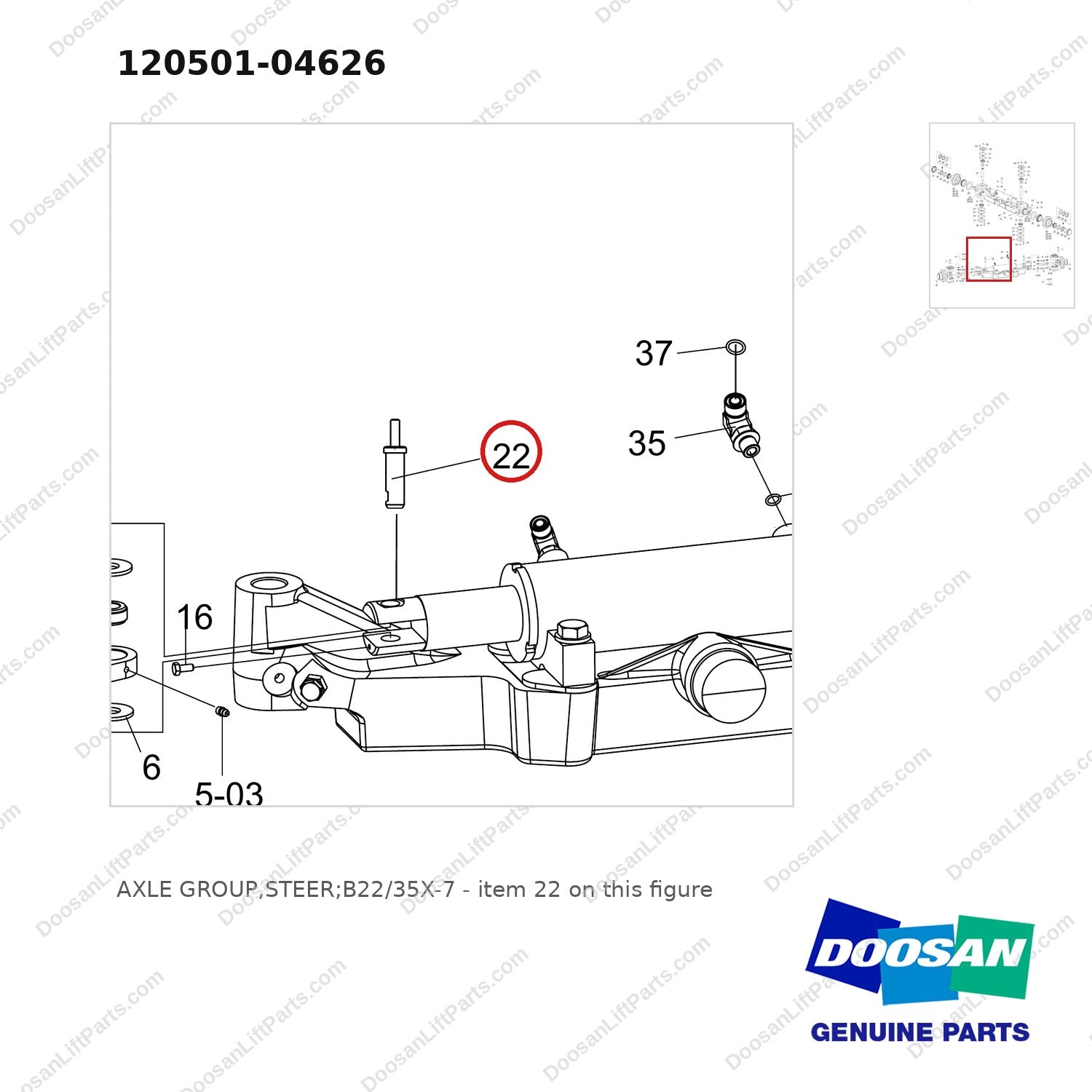 120501-04626 AXLE GROUP,STEER;B22/35X-7 - parts diagram, item 22 shown - genuine Doosan / Bobcat forklift part