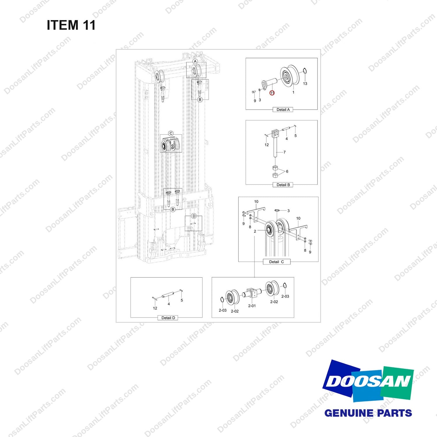 120501-04810 SHEAVE GROUP;RELAY,FFT - full parts diagram, item 11 marked - genuine Doosan / Bobcat forklift part