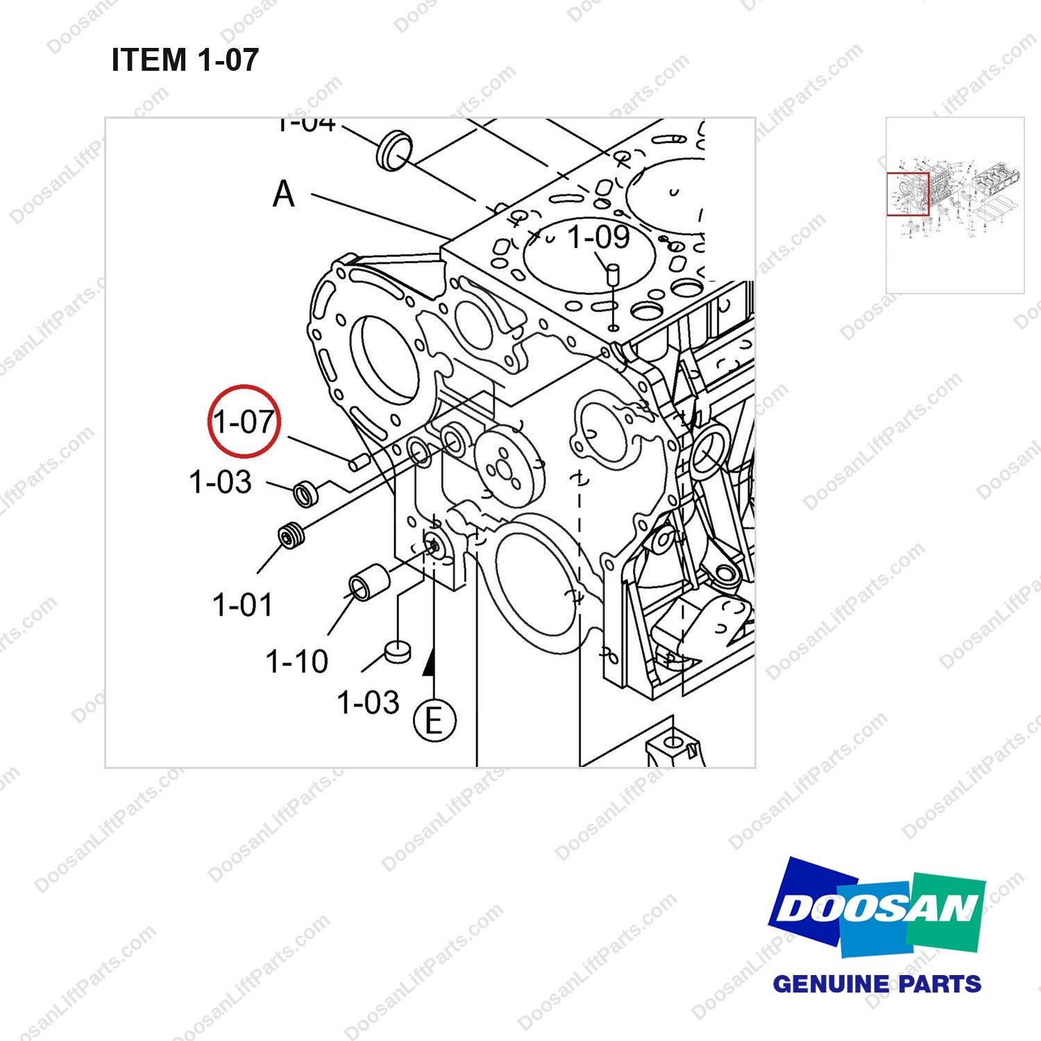 120501-05279 CRANKCASE GP - parts diagram, item 1-07 shown - genuine Doosan / Bobcat forklift part