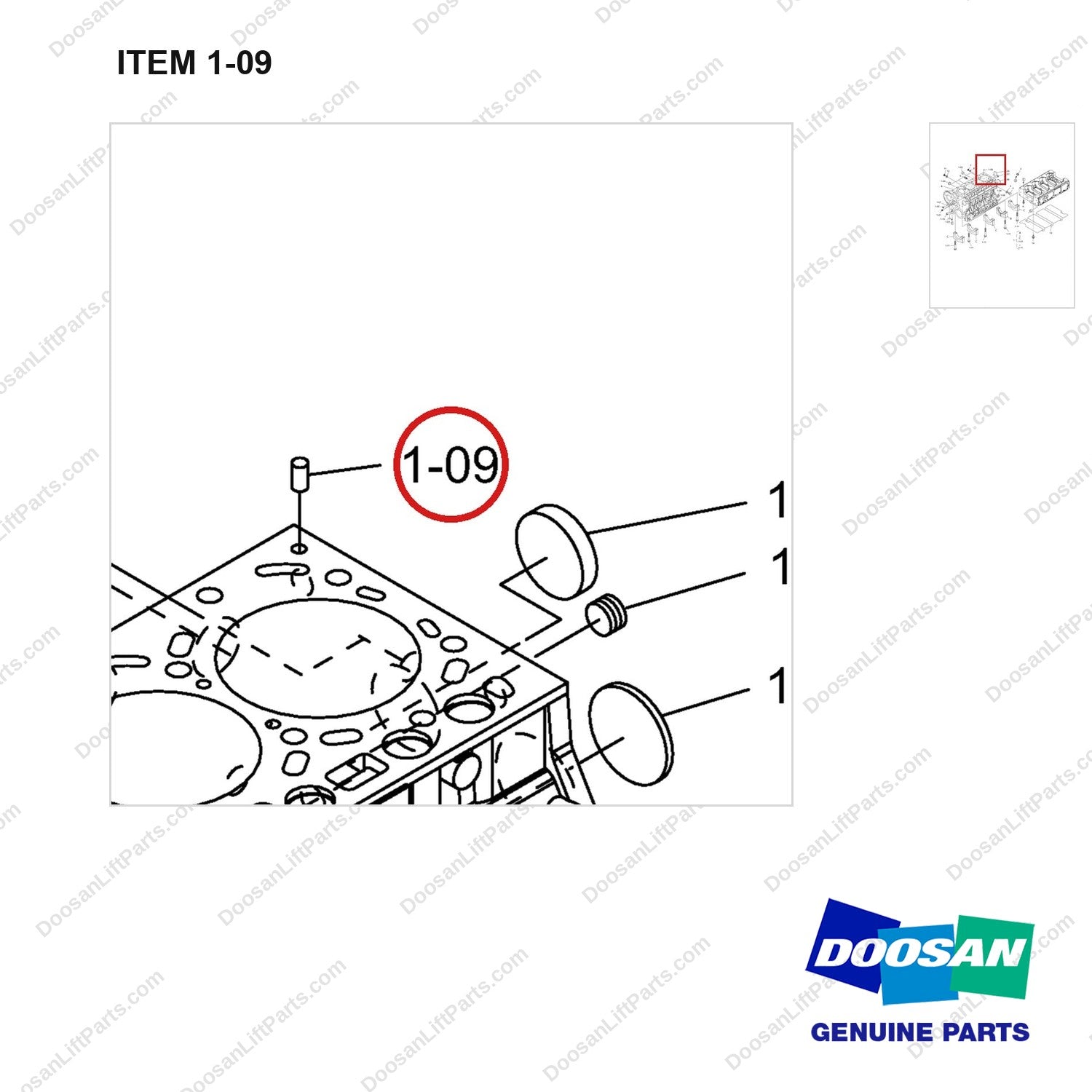 120501-05281 CRANKCASE GP - parts diagram, item 1-09 shown - genuine Doosan / Bobcat forklift part
