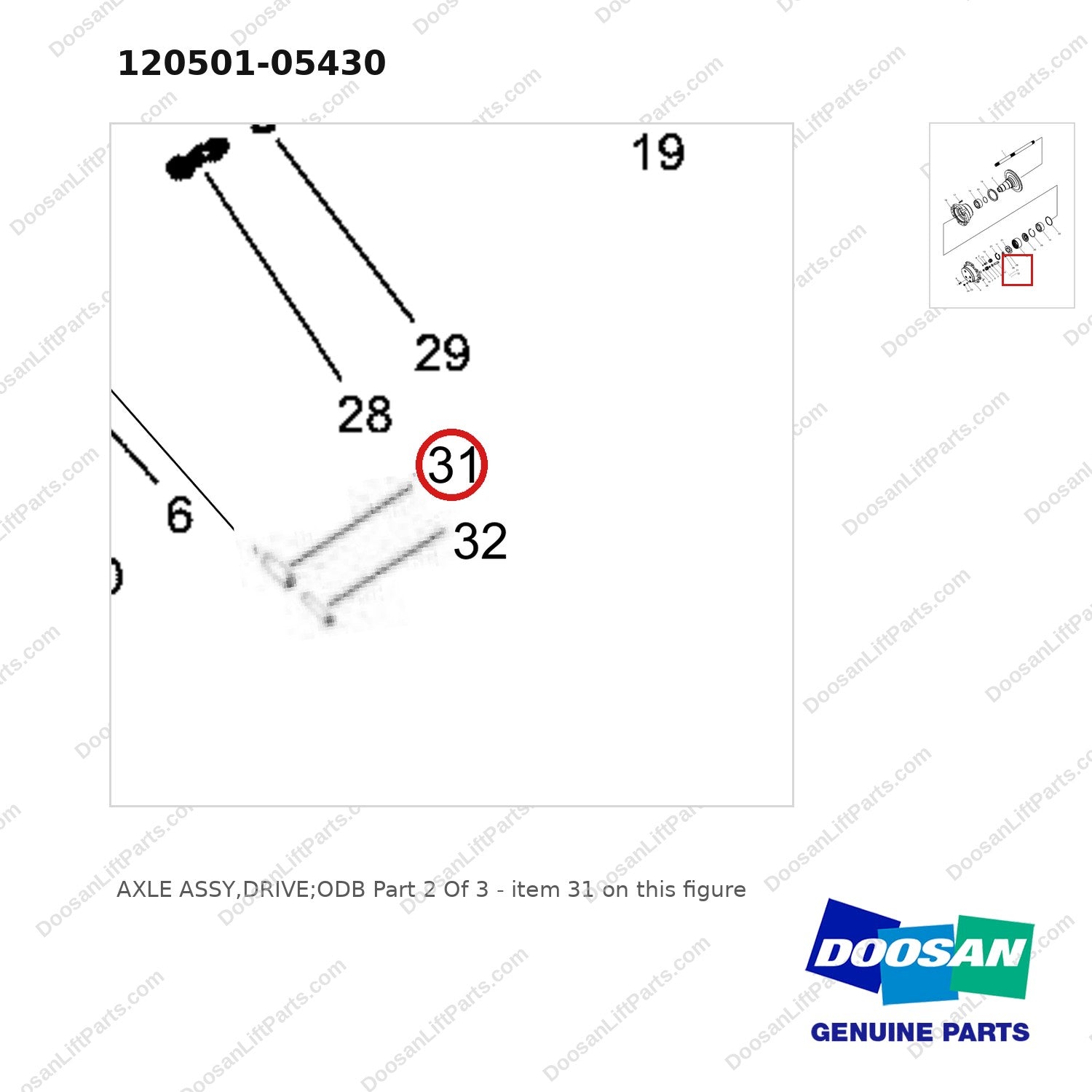 120501-05430 AXLE ASSY,DRIVE;ODB  Part 2 Of 3 - parts diagram, item 31 shown - genuine Doosan / Bobcat forklift part
