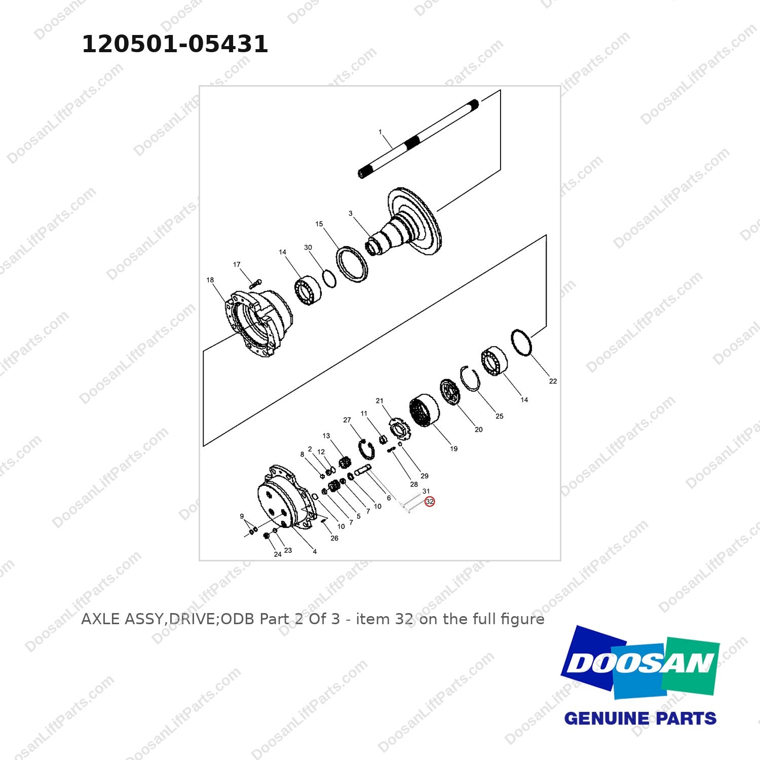 120501-05431 AXLE ASSY,DRIVE;ODB  Part 2 Of 3 - full parts diagram, item 32 marked - genuine Doosan / Bobcat forklift part