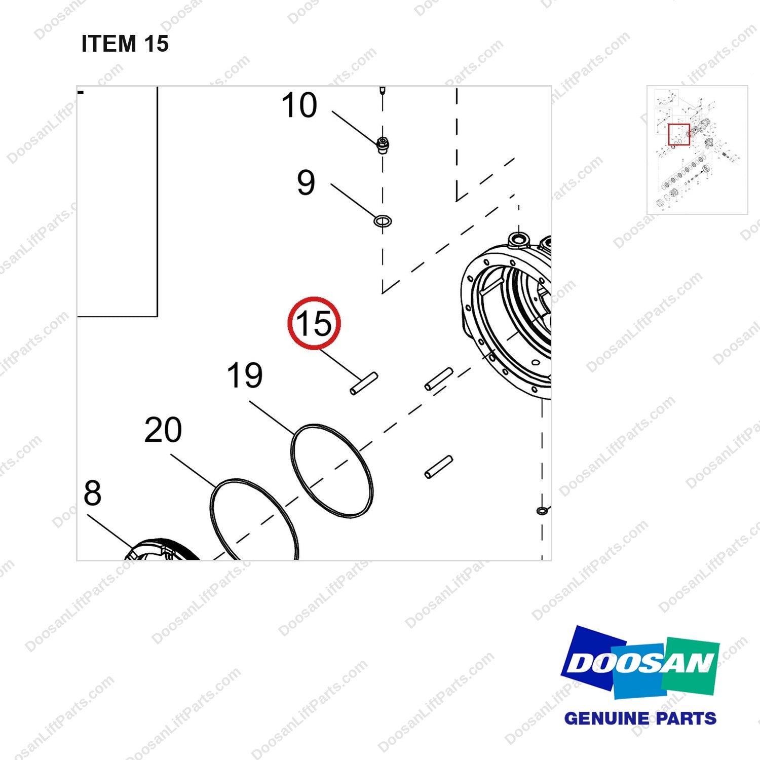 120501-05479 AXLE,DRIVE;DD20B - parts diagram, item 15 shown - genuine Doosan / Bobcat forklift part
