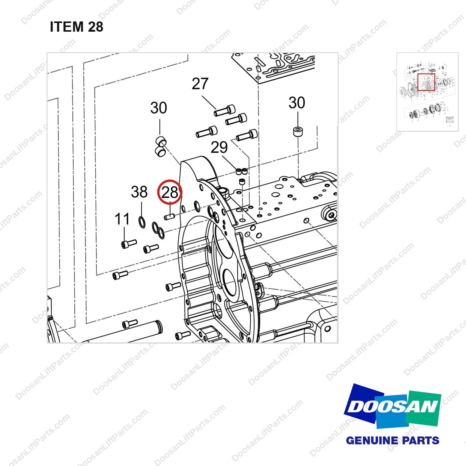 120501-05542 TRANSMISSION ASSY;MT40A - parts diagram, item 28 shown - genuine Doosan / Bobcat forklift part